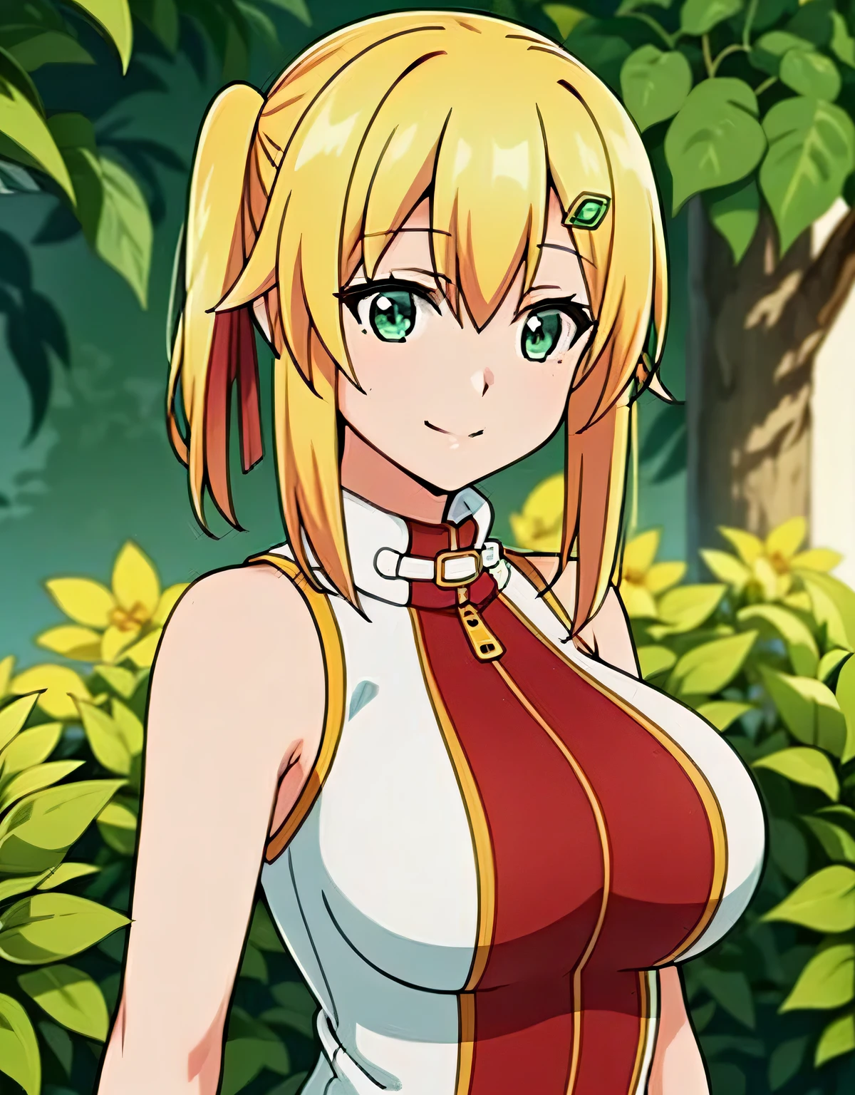 super detailed,emma&#39;s brightness,blonde hair, smile,green eyes,one-sided ponytail, looking at the viewer, hair ornaments,hair ribbon, No sleeve, bare shoulders,(big breasts:1.5),looking at the viewer,Are standing,((masterpiece)),((highest quality)),perfect anatomy,8K UHD,highly detailed face,luster and luster,((1 girl)),((alone)),perfect image,(Upper body:1.1),(look ahead:1.1),turn your arms behind your back,slim waist,(shiny hair),