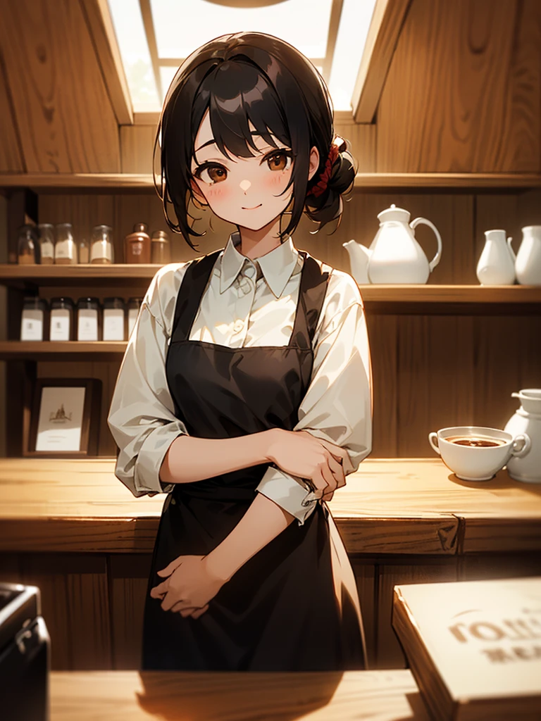 coffee shop、quiet atmosphere、1 female(coffee shopの店主、(35 years old、Married woman、Beauty:1.2)、the other side of the counter、black hair、hair tied up、brown eyes、whiteＹshirt、short apron)、smile、