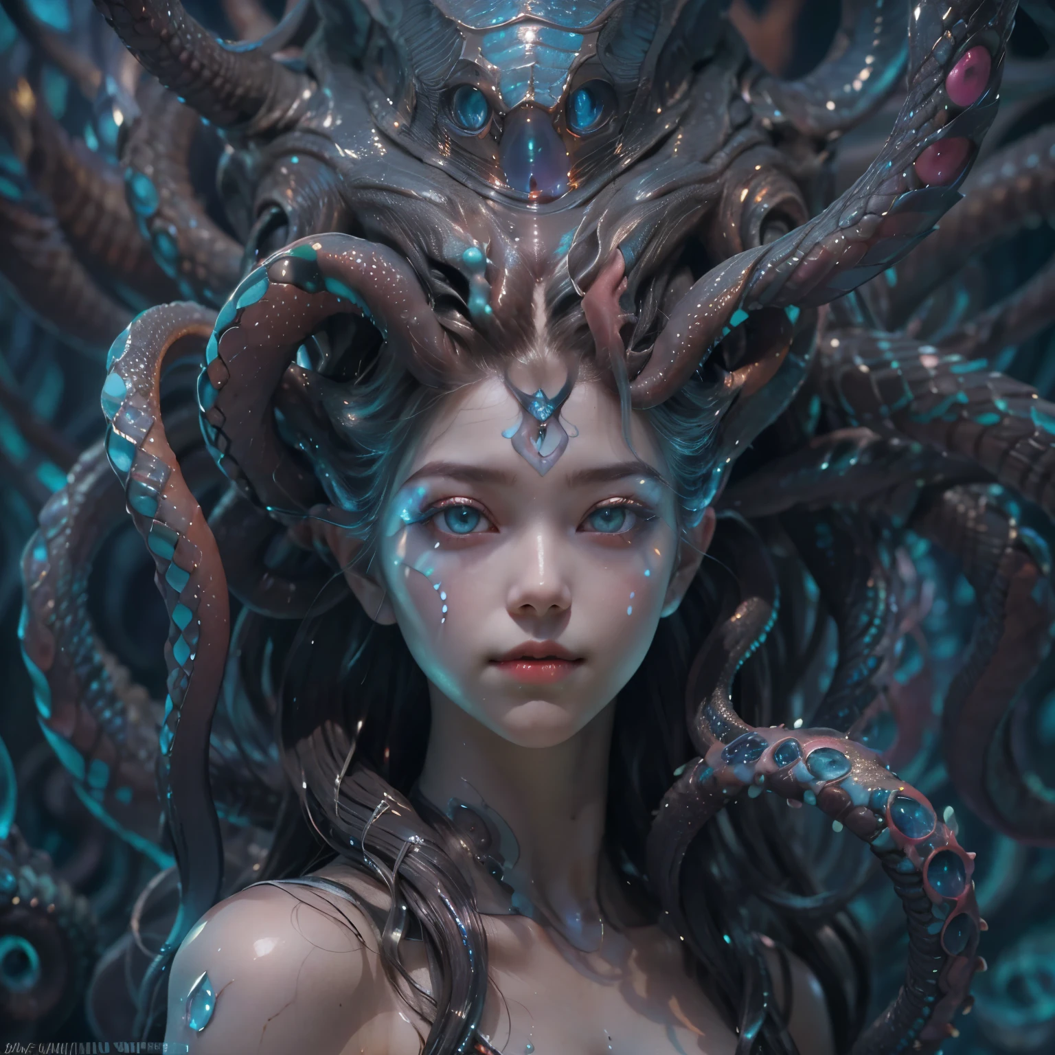 best quality, masterpiece, ultra high resolution, (photos realistic:1.7), scary and sexy detailed art in color, Portrait, (beautiful and obscene female alien:1.4), (vulgarity1.5), (she has red eyes with no pupils:1.4), (She has translucent pale skin:1.4), (There is a female genital-like organ in the middle of the forehead:1.95), (She has the most beautiful face in the history of the universe:1.4), (She has multiple bioluminescent organs on the side of her tentacles:1.4), (Her body is covered with an iridescent exoskeleton:1.3), (She is showingh her arm pits:1.4), an evil gaze that seduces, (large mouth:1.1), (sharp teeth like a vampire:1.2), Full body portrait, (bio luminescent:1.5), (Smile wickedly:1.3), (sexypose:1.5), alien, No humans, cells are fused, (There are lots of translucent tentacles from her head:1.3) extraterrestrial, cell, bio image, best quality, 8K,In 4K_quality, High freshness, Dramatic Lighting, cinematic quality, detail up, (exquisite details:1.2), High freshness, drawing faithfully, (Thick eyebrows:1.2), Beautiful eyes with fine symmetry,(Highly detailed face and eyes:1.2),(Super detailed skin quality feeling:1.4), perfect anatomy, (Beautiful toned body:1.5), (Moist skin:1.2), not wearing makeup, (dark circles:1.1), long canines, cinematic drawing of characters, cinematic quality, detail up, (exquisite details:1.2), high resolution, High freshness, drawing faithfully, official art, Unity 8K Wall paper, ultra detailed artistic photography, midnight aura, unreal engine 5, Ultra Sharp Focus, art by Amano Yoshitaka, ArtGerm, Roisch, intricate artwork,ultra realistic realism, dream-like, nautilus, Creation of fantasy, dream Snail, (biopunk nautilus:1.3),Thrilling color schemes, seductively smiling, Blue tentacles, Amazing mutation, well-proportioned body, goddess of the deep sea, fractal, Geometric pattern, impossible figures, (white tentacles with blue stripes:1.4), subtle emerald green accents, (expression of ecstasy:1.2)