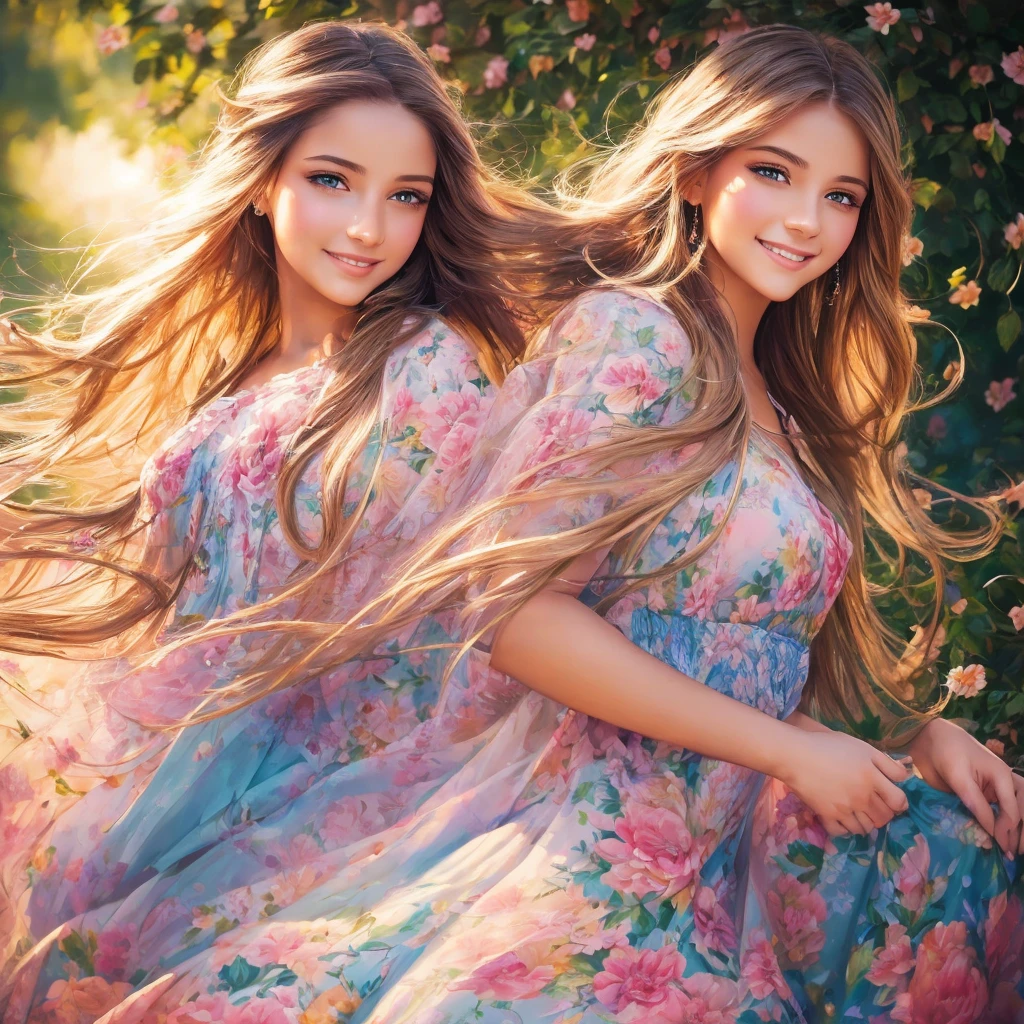 beautiful girl, realistic painting, flowing floral dress, radiant smile, long flowing hair, captivating eyes, high quality, realistic, vibrant colors, soft lighting, detailed features, elegant, traditional art style, pastel tones, enchanting aura, natural beauty