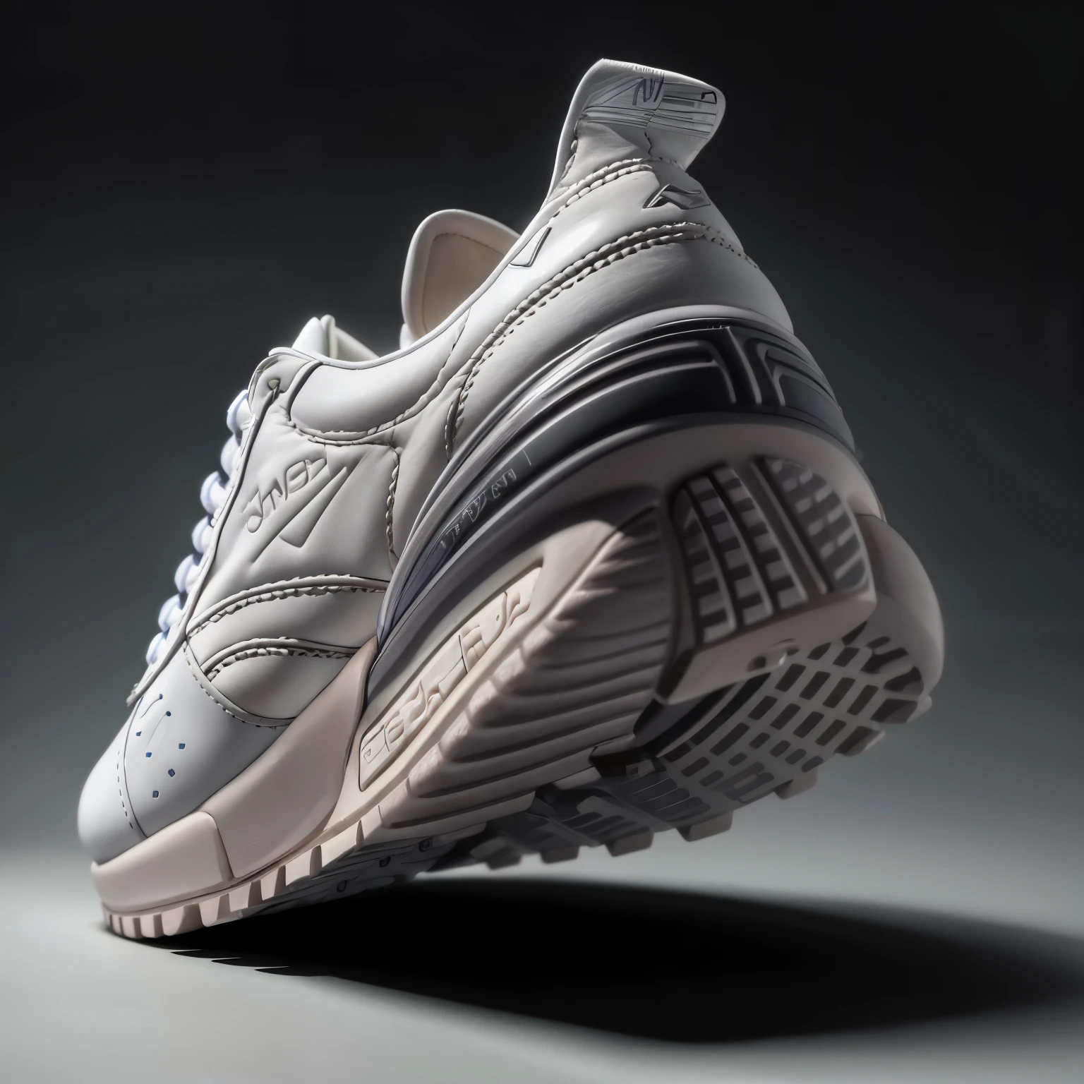 un gros plan d&#39;une paire de baskets blanches sur une surface grise, Tir de produit spectaculaire, Baskets futuristes, semelle extérieure gaufre en caoutchouc, Photographie de produit 4 K, Rendu du produit, Rendu photoréaliste débruité, chaussures de course, toute la chaussure est dans l’image, semelle extérieure en caoutchouc, rendu détaillé hyper réaliste, plates-formes, un rendu d&#39;occlusion ambiante vue de gauche avel logo alo&fam