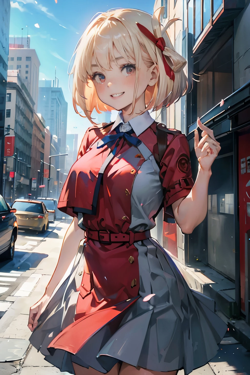 masterpiece、highest quality、For women、bangs、platinum blonde、red uniform、blush、brain out、Y-shirt、cowboy shot、dress shirt、Eyebrows visible through the hair、grin、bob hair、Click here for the line of sight、Navy blue tie ribbon、Akame、school uniform、red skirt、solo、blue sky、petal、Snazzy、Year、Colorful、dynamic、City background lined with skyscrapers