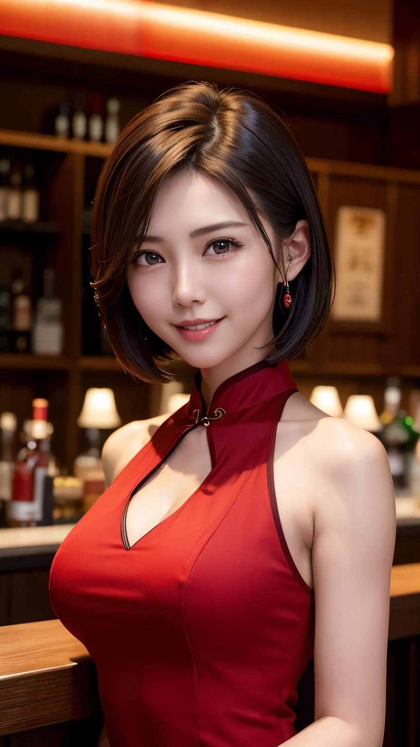 Woman in red cheongsam、smile、beautiful breasts、At the bar、cinematic lighting、short hair、20 year old female