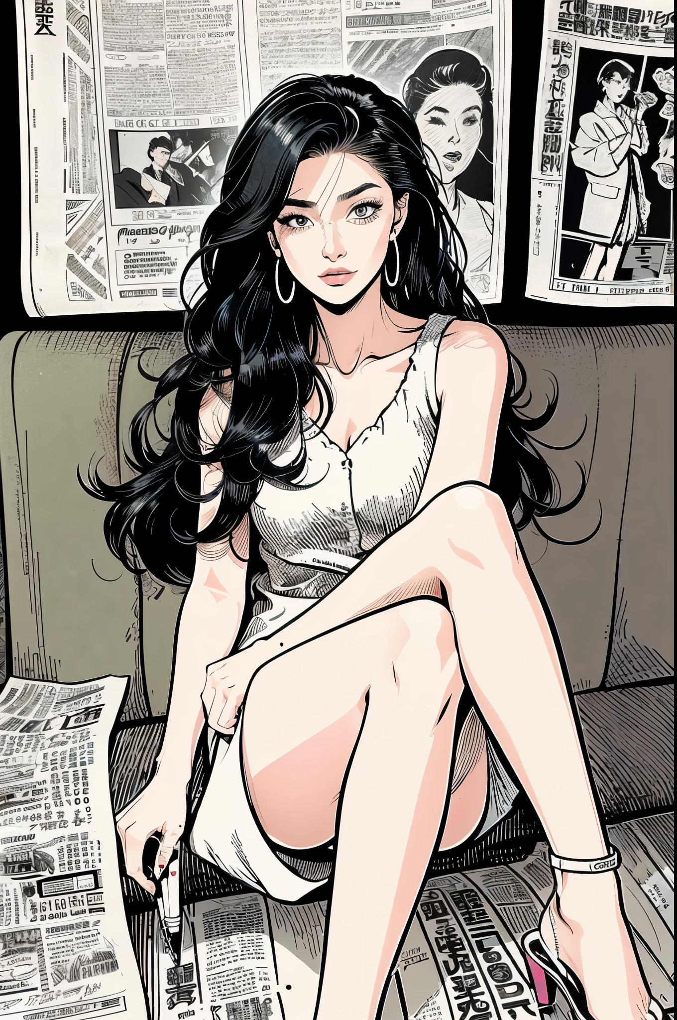 inksketch, (masterpiece, top quality, best quality), absurdres, colorless, none color, 1girl, river, spring, sitting, dark hair, ((seductive)), sunny day, ((cleavage)), pencil skirt, ((((straight hair)))), ((long sleeves)), skin tight sleeves, long hair, (((peplum top))), peplum shirt, skirt, parted lips, solo, very long hair, sitting on a couch, in an office, coworker, <lora:inkSketch_V2:0.8>
