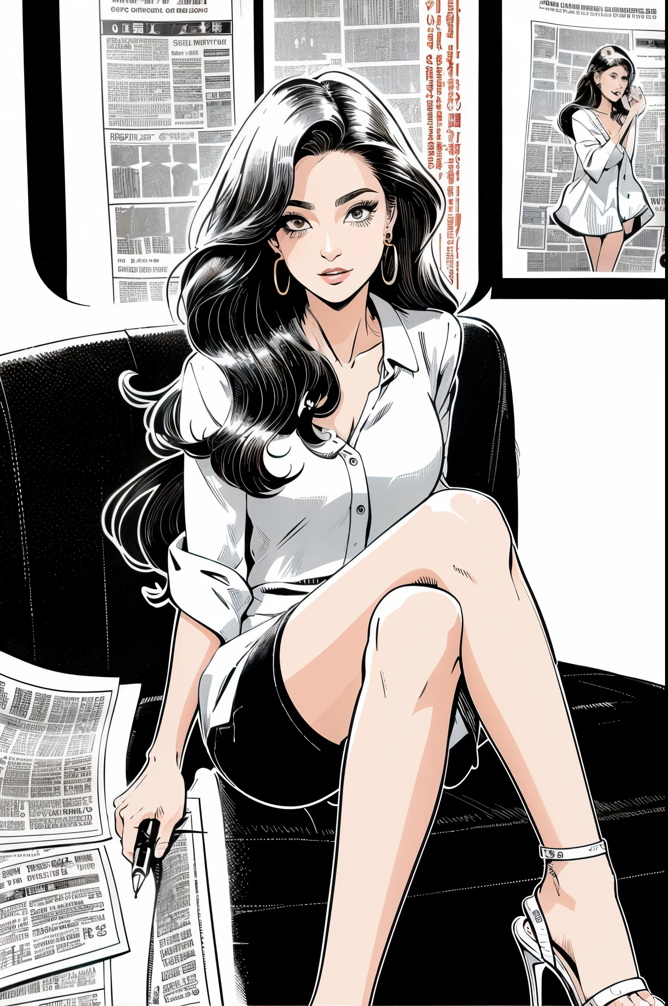 (Graphite painting:1.3),Araf woman sitting with legs crossed on shabby sofa,(She wears white shirt and jeans),young wild asian face,A bit of a mixed race face,(Closed),(Slightly square chin:0.4),(Lazy),A bit like Vivian,perfect face,Squinty eyes,like fox eyes, cocktail dress clutch bag,high heels high heels background:A dilapidated wall covered with many old newspapers,
90's anime style,Linear,thick outline,white background,graphic arts,line art,Black line,black and white平色,black and white,带笔压的line art,Ink pen sketch with pen pressure,calligraphy pen with pen,G pen style with pen pressure,Hand drawn thick lines,high contrast , IG model , artistic germ,