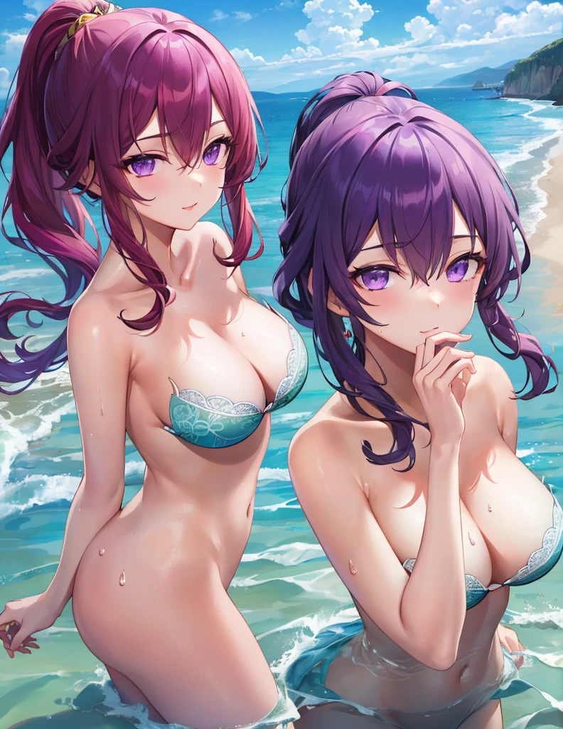 Model Shooting Style, (Masterpiece:1.3), (Absurdity:1.3), (Best Quality:1.3), (8K), (Masterpiece Digital Art), (Detailed Manga Illustration), (Handle Hair), Perfect Anatomy, (Complex Details :1.3), (Detailed Details:1.3), (Illustration:1.3), (Sharp Focus:1.3), (Vivid Color:1.3), 1 Girl, Solo, (Long Hair:1), ponytail, loose wavy hair part covers his face, hair between the eyes, (purple hair), purple eyes, floating hair, naked, seaside, wet skin, sexy, nsfw, nude, pink pussy