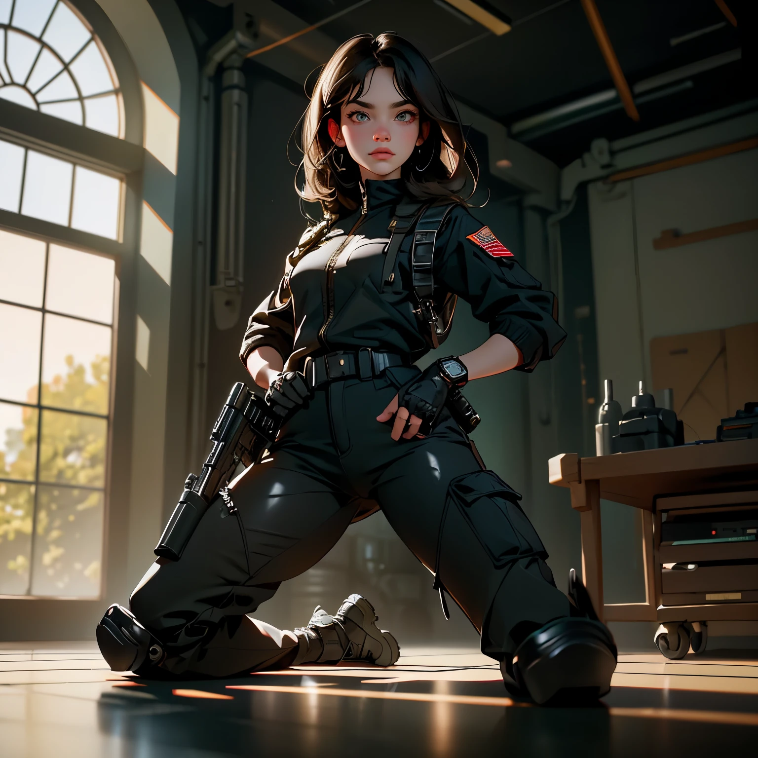 ((best quality)), ((masterpiece)), (detailed), perfect face, A fierce (female agent )1.2 in a kneeling position, wearing (black cargo pants)1.4, (black shirt)1.2, (obscured face)1.3, analog style nofilter selfie, posing in an (indoor training area)1.2, (backlit)1.2, (film grain)1.2, cinematic movie still frame, black sneakers with white soles, various equipment in the background, insane detailed eyes, she holding a gun,