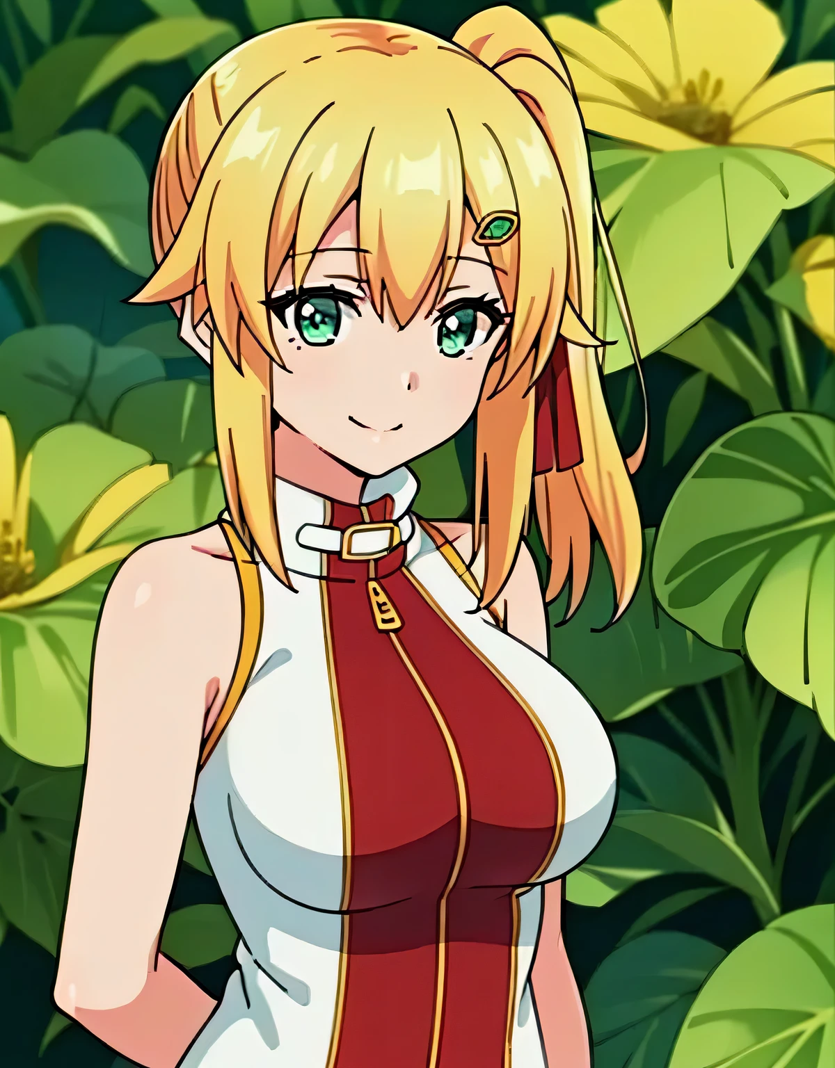 super detailed,emma&#39;s brightness,blonde hair, smile,green eyes,one-sided ponytail, looking at the viewer, hair ornaments,hair ribbon, No sleeve, bare shoulders,(big breasts:1.5),looking at the viewer,Are standing,((masterpiece)),((highest quality)),perfect anatomy,8K UHD,highly detailed face,luster and luster,((1 girl)),((alone)),perfect image,(Upper body:1.1),(look ahead:1.1),turn your arms behind your back,slim waist,(shiny hair),