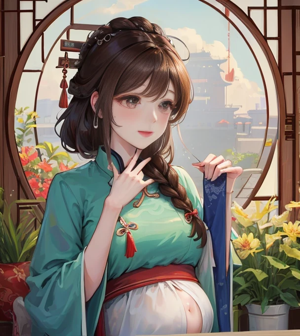 masterpiece, best quality, married woman, aldult, Chinese style, China, elder sister, Smile, brown hair, princess cut, Single braid,Full of motherhood,传统China服装,purely,blush,Dignified yet lively,Mother,Put your hands on your belly,thin lips,Pregnant