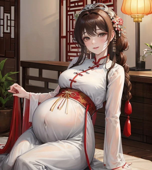 masterpiece, best quality, married woman， aldult, Chinese style, China, elder sister,  Smile, brown hair, princess cut, Single braid，Full of motherhood，传统China服装，purely，blush，Dignified yet lively，Mother，Put your hands on your belly，thin lips，Pregnant