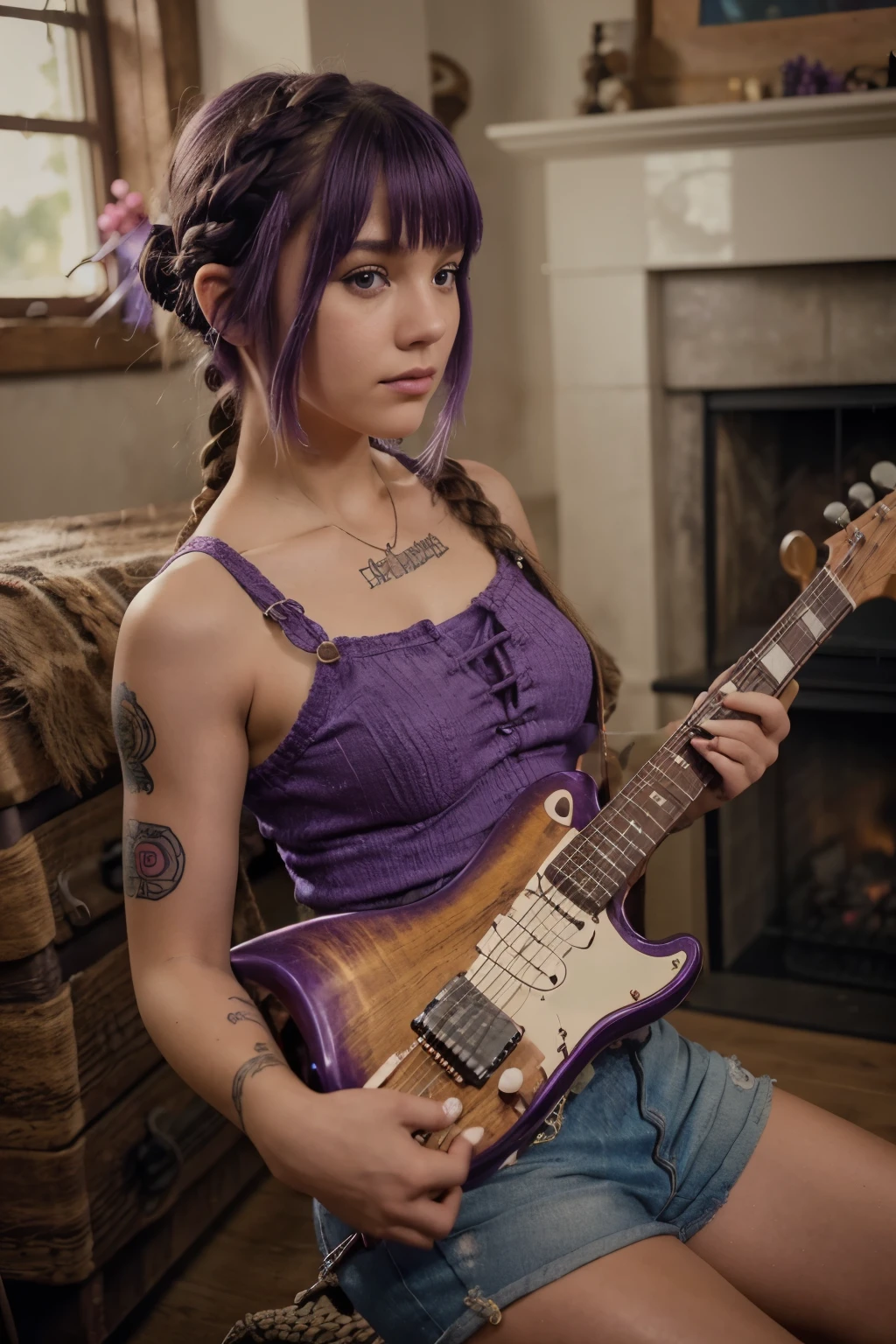 girl, idol, photo, film, depth of field, skin texture, braids, short hair, purple hair, tattoos, stay-ups, playing guitar, sexy, clothes, croptop, shorts, fireplace, rope, rope, rope, playing guitar with hands, ropes, electric guitar, cozy, purple guitar, playing electric guitar, girl is playing guitar