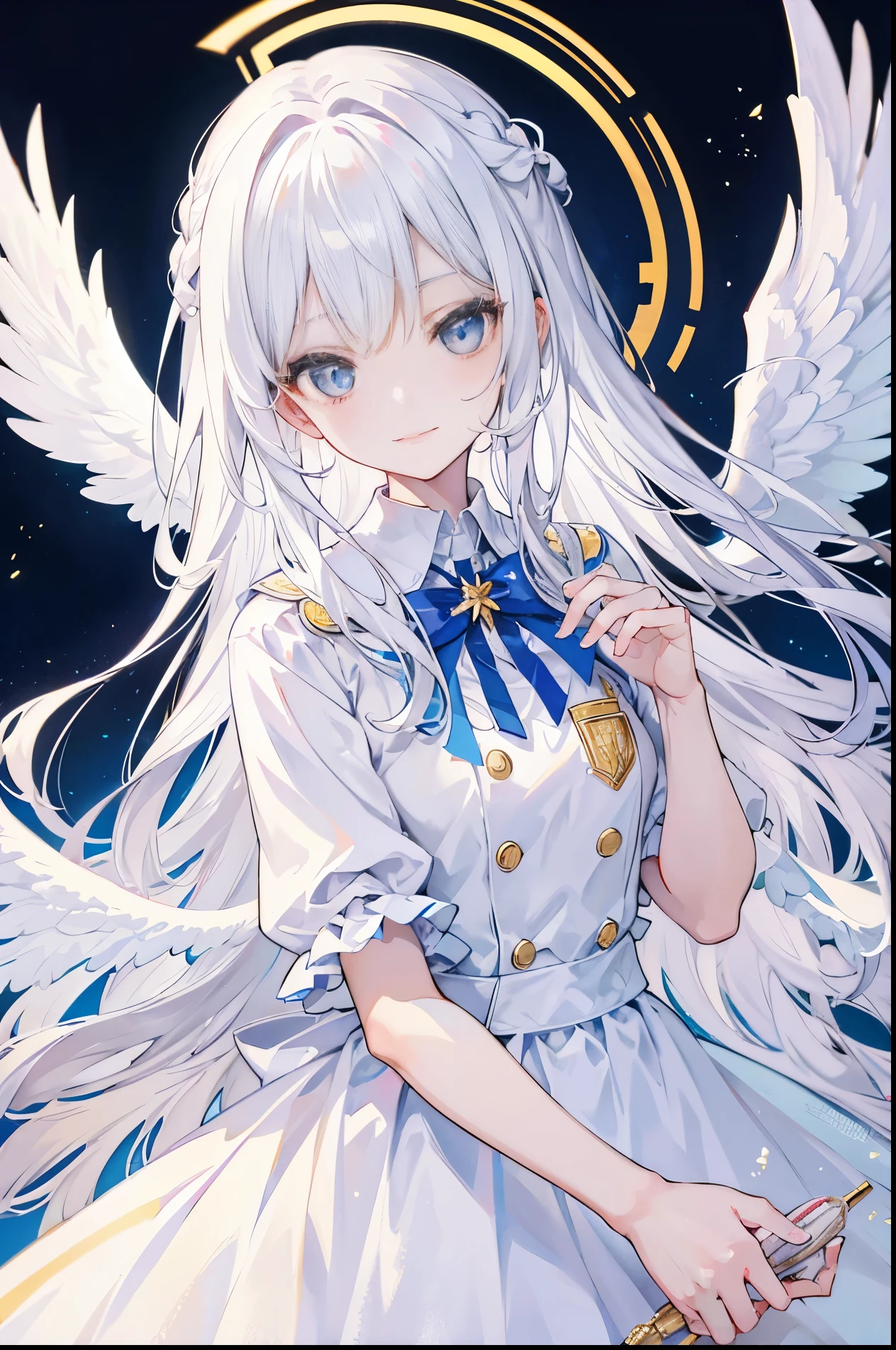 Beautiful white hair girl,angelic,Wearing a plain white dress,There is a halo above the head,French braid,long white hair,Standing in the golden wonderland,There is only one wing behind him,with smile,high and high