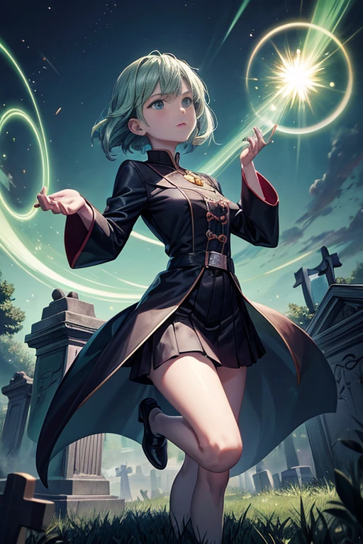 a green circle，There&#39;s a shining star on it，There are tombstones all around, Summon the Dharma Array, Summon undead friends, 来自黑magiciancemetery!!!, summoning spell, funeral ground!!, Screenshots from animated movies, magic circle, witch academia, anime screenshot, magician, sunset, cemetery, old woman&#39;s circle, in the middle of a cemetery
