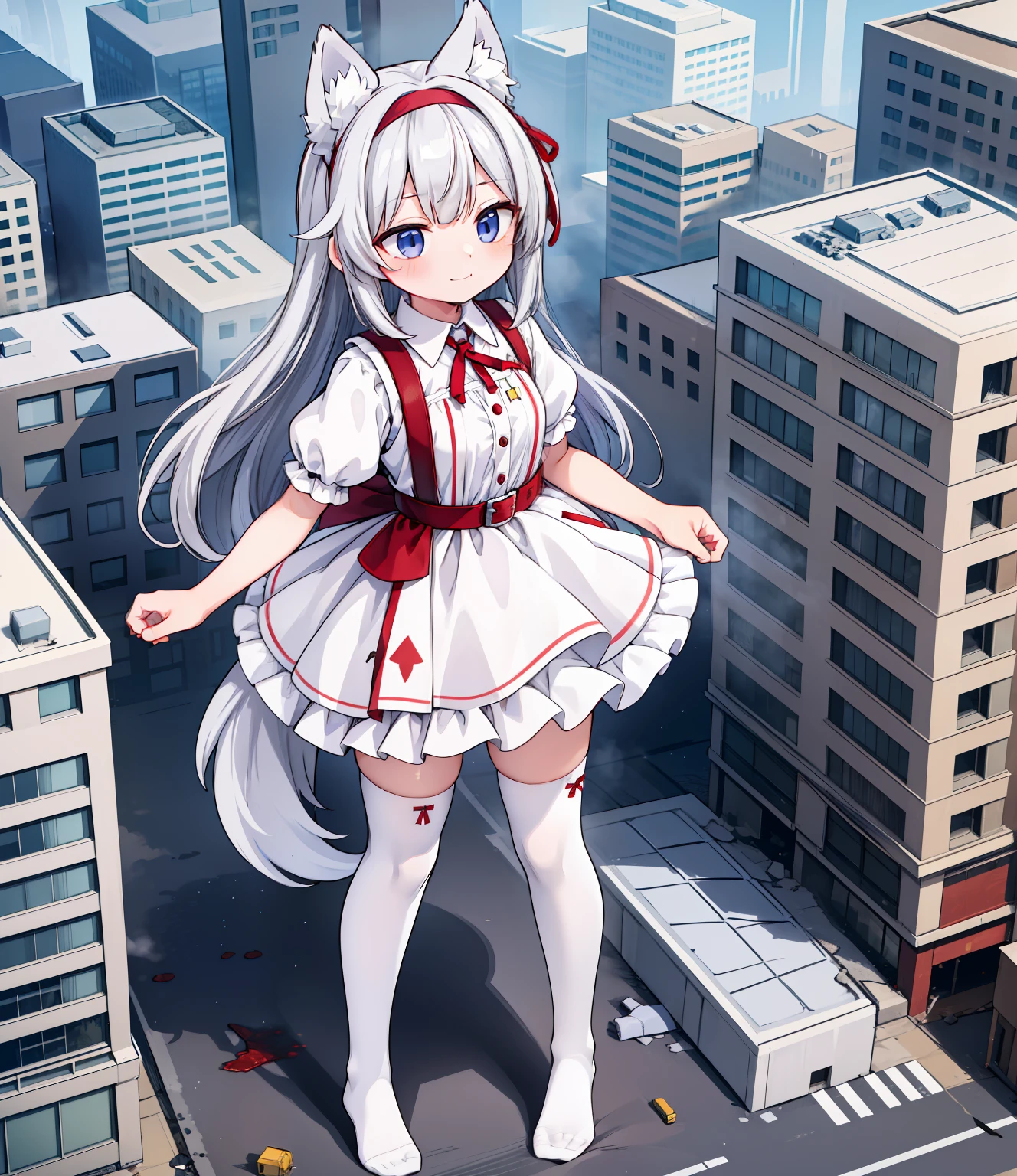 masterpiece, best quality, highres, sumire1, hairband, long white hair, wolf ears,  solo, white thighhighs, school uniform, red ribbon, neck ribbon, grey dress, blunt bangs, pinafore dress, white shirt, short sleeves, collared shirt, medium breasts, no shoes, sun rays, flare lens,park,
in a destroyed city, (GTS), macro, aerial view, from_above, ((rampage)), ((destruction)), giantess, (highres), absurdres, best quality, ((full_body:1.3)), footprints, facing_viewer, wide_shot, tiny buildings along the bottom of frame, blood soaked soles, bloodstains, smirk, smug, crushing, explosion, military vehicle,  standing