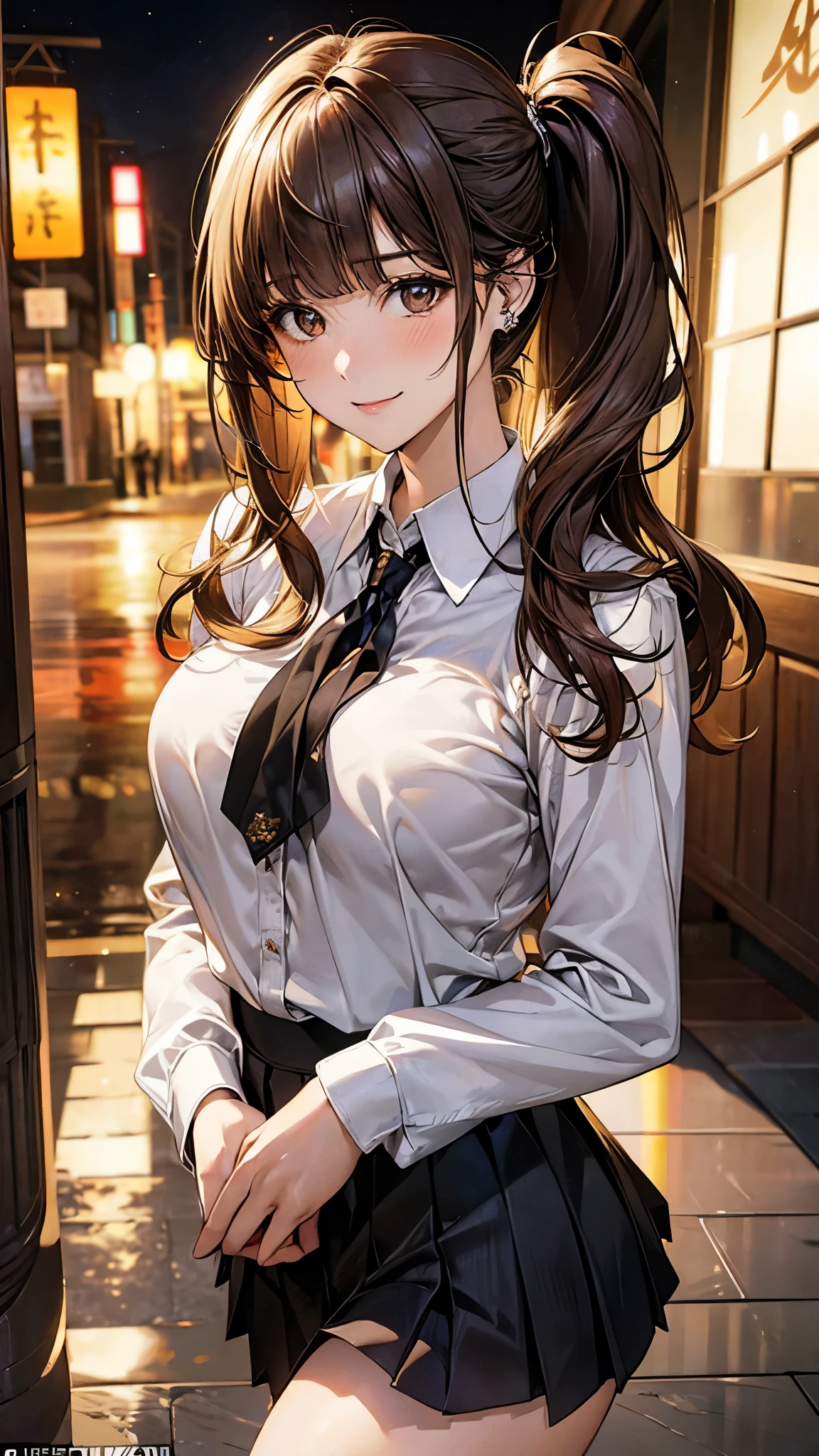 (masterpiece:1.2, top-quality), (realistic, photorealistic:1.4), beautiful illustration, (natural side lighting, movie lighting), 
looking at viewer, cowboy shot, front view, 1 girl, japanese, high school girl, perfect face, cute and symmetrical face, skin tanned, 
(middle hair:1.2, side ponytail:1.2, blond hair), waved hair, blunt bangs, gold eyes, (large breasts:0.6, seductive thighs, big ass), piercings, 
beautiful hair, beautiful face, beautiful detailed eyes, beautiful clavicle, beautiful body, beautiful chest, beautiful thigh, beautiful legs, beautiful fingers, 
((long sleeve white collared shirts, black pleated mini skirt)), 
(beautiful scenery), evening, riverside, walking, (lovely smile, upper eyes), 