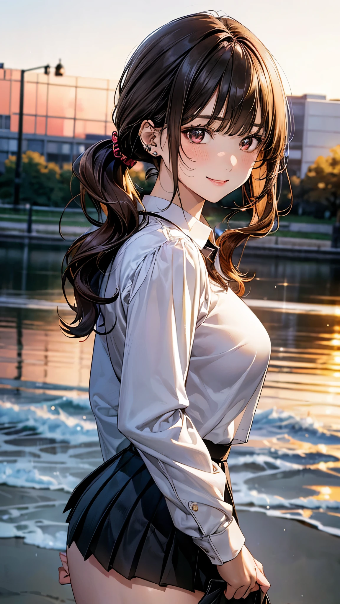 (masterpiece:1.2, top-quality), (realistic, photorealistic:1.4), beautiful illustration, (natural side lighting, movie lighting),
looking at viewer, cowboy shot, front view, 1 girl, japanese, high school girl, perfect face, cute and symmetrical face, skin tanned,
(middle hair:1.2, side ponytail:1.2, blond hair), waved hair, blunt bangs, gold eyes, (large breasts:0.6, seductive thighs, big ass), piercings,
beautiful hair, beautiful face, beautiful detailed eyes, beautiful clavicle, beautiful body, beautiful chest, beautiful thigh, beautiful legs, beautiful fingers,
((long sleeve white collared shirts, black pleated mini skirt)),
(beautiful scenery), evening, riverside, walking, (lovely smile, upper eyes),