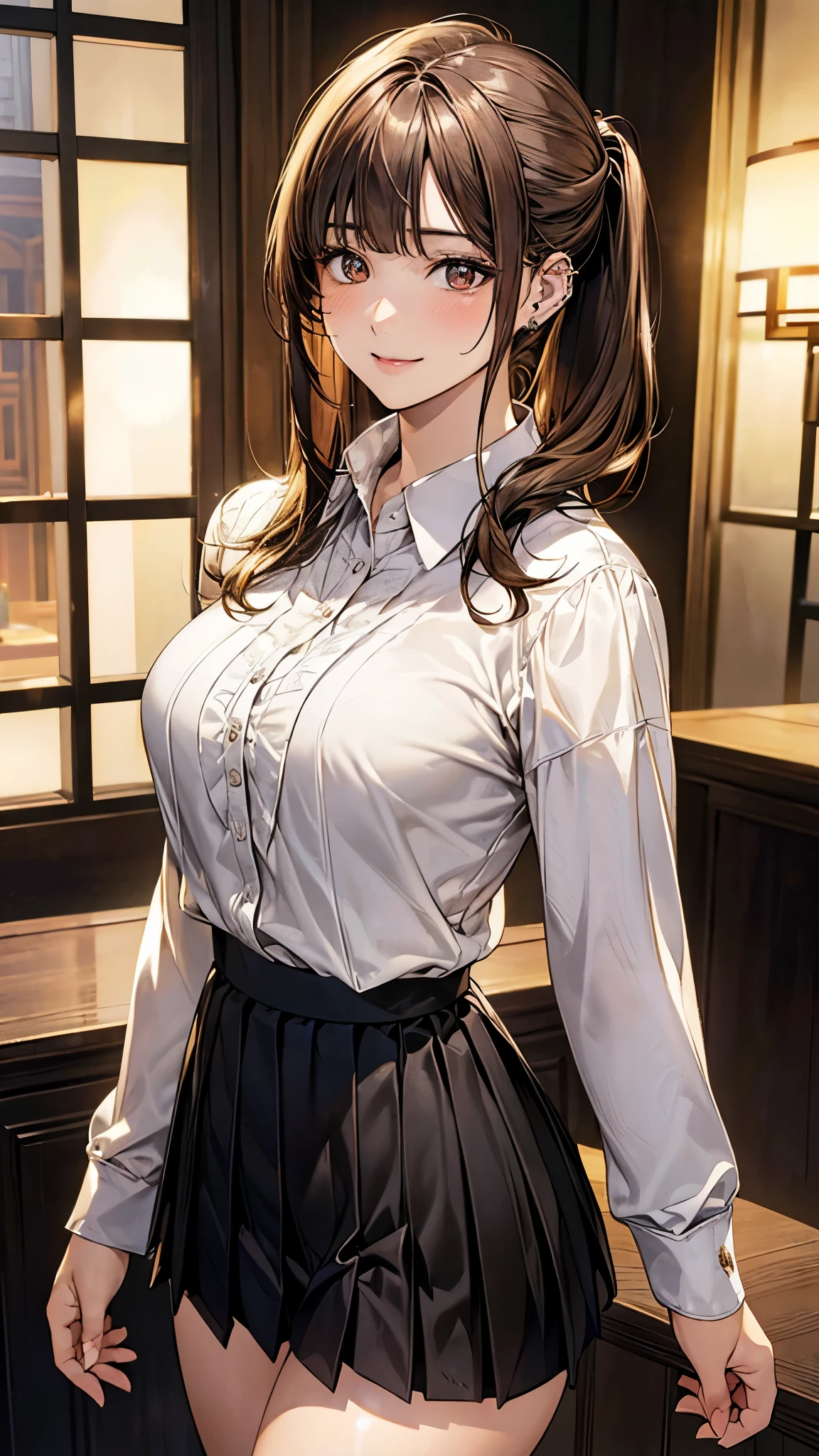 ((((perfect anatomy, super detailed skin)))), 1 girl, japanese, 17 years old, (detailed ultra-oily shiny skin:1.1), watching the view, (embarrassed:1.2),
beautiful hair, beautiful face, beautiful detailed eyes, (long hair:1.4, straight hair:1.7), light brown hair, (beautiful large breasts:1.3), earring,
beautiful clavicle, beautiful body, beautiful chest, beautiful thigh, beautiful legs, beautiful detailed fingers, five fingers, babyface, , breast,
(((long sleeves white blouse, black suit vest:1.4, black tight mini skirt:1.4, black bow tie, ), oily shiny thigh, see-through pink panty, extremely sexy, crotch, seductive thighs, camel toe)),
(beautiful scenery), office, standing, skirt lift by myself, ,
(8k, top-quality, masterpiece:1.2, extremely detailed, , ), (photorealistic), beautiful illustration, cinematic lighting,