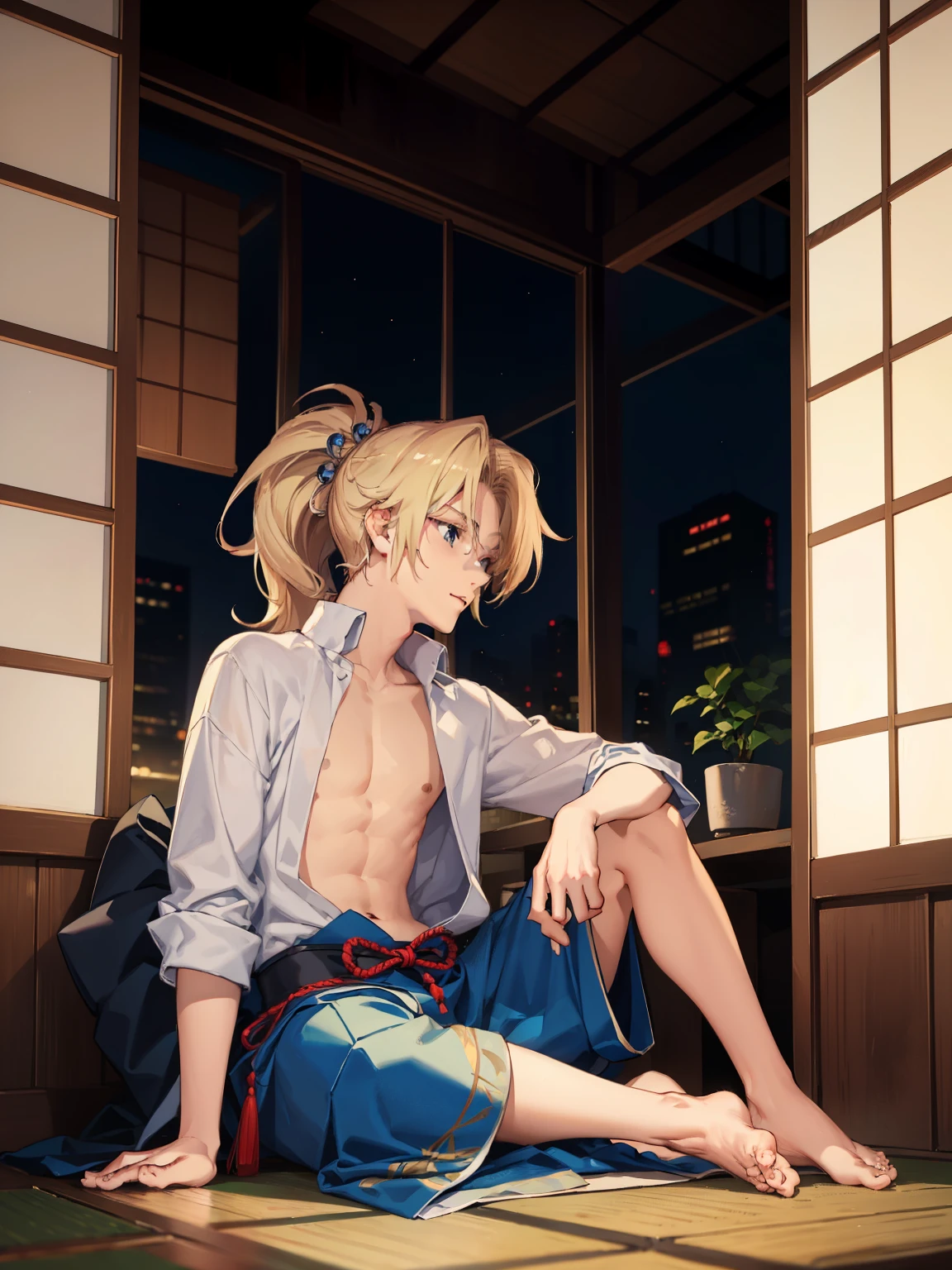 1man，Masculinity，blond hair，ponytail，blue eyes，no bra，A Japanese-style room，sitting，late at night，alone