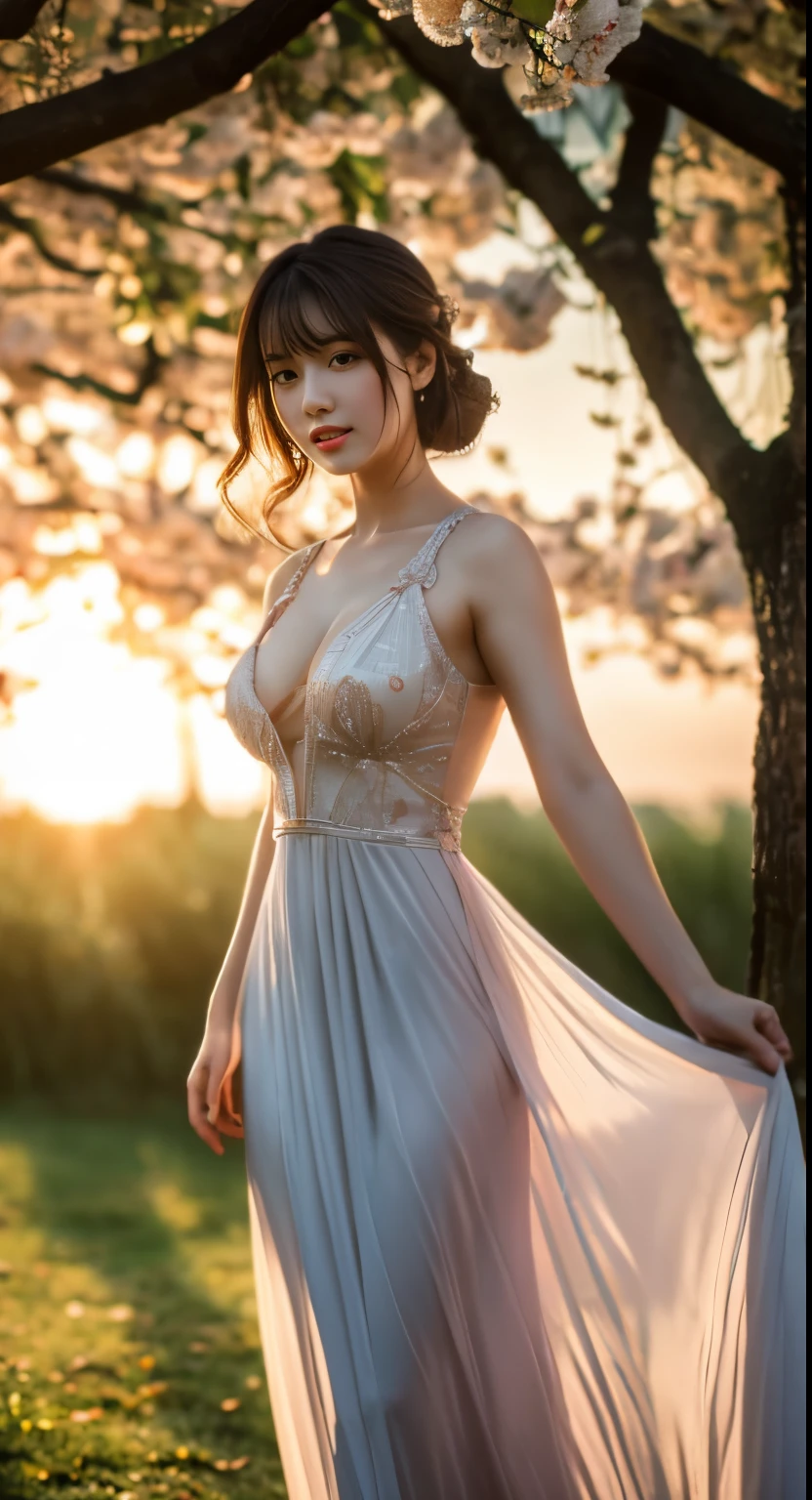 {{{masterpiece}, }}, {Highly detailed CG Unity 8K wallpaper}, wonderful, finely, alone, {{floating hair}, }, {{cherry blossoms}, }, outdoor, null, {{Wind}, }, detailed background, beautiful and fine eyes, See-through:evening dress:0.3, cleavage, bright pupils, {{whole body}, }, dynamic pose, dynamic angle, cleavage, looking at the viewer, fine clothes, cinematic lighting, close, highest quality