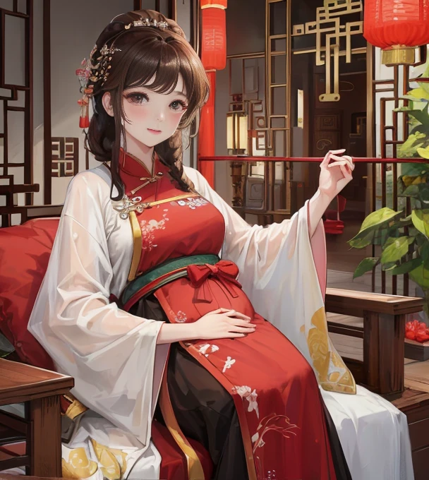 masterpiece, best quality, married woman, aldult, Chinese style, China, elder sister, Smile, brown hair, princess cut, Single braid,Full of motherhood,传统China服装,purely,blush,Dignified yet lively,Mother,Put your hands on your belly,thin lips,pregnancy