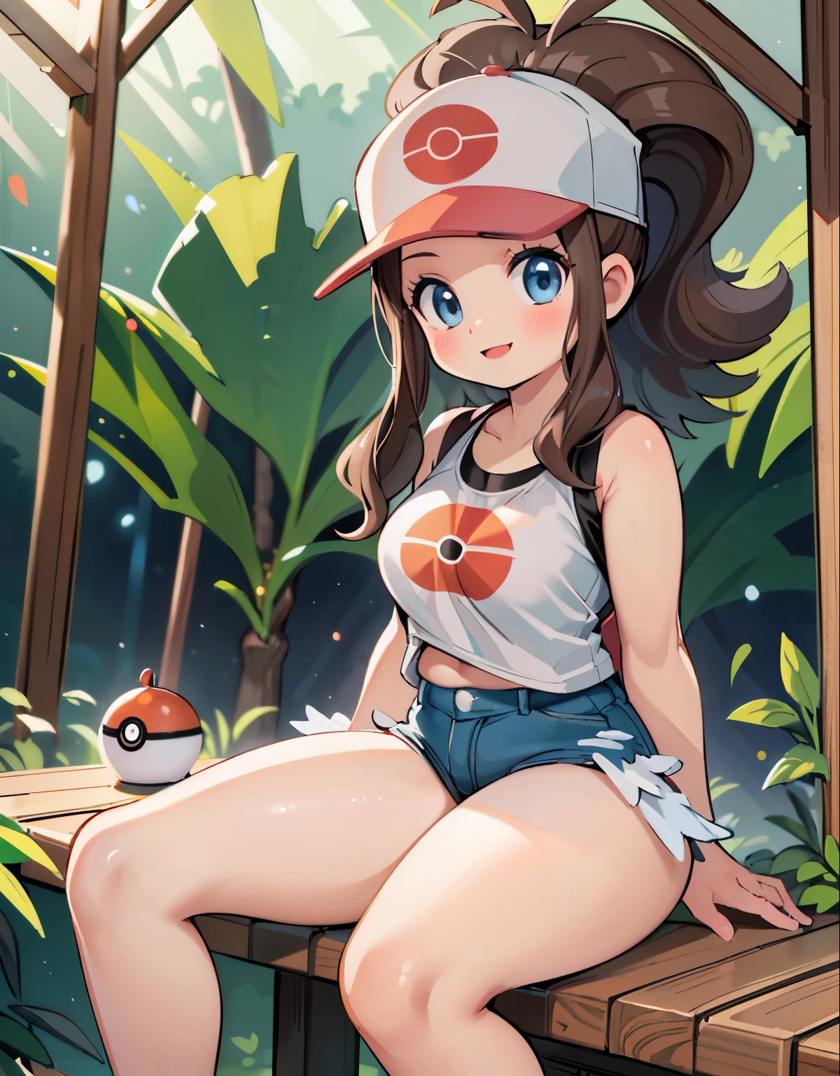 (best quality, highres, masterpiece:1.2), ultra-detailed, realistic:1.37, sketches, hilda pokemon, def1, teenage girl, sitting on her knees, curvy, visible thighs, chubby thighs, thick thighs, thighs in the foreground, body shape, mexican town, curious look, pokeballs, smile, encanto femenino