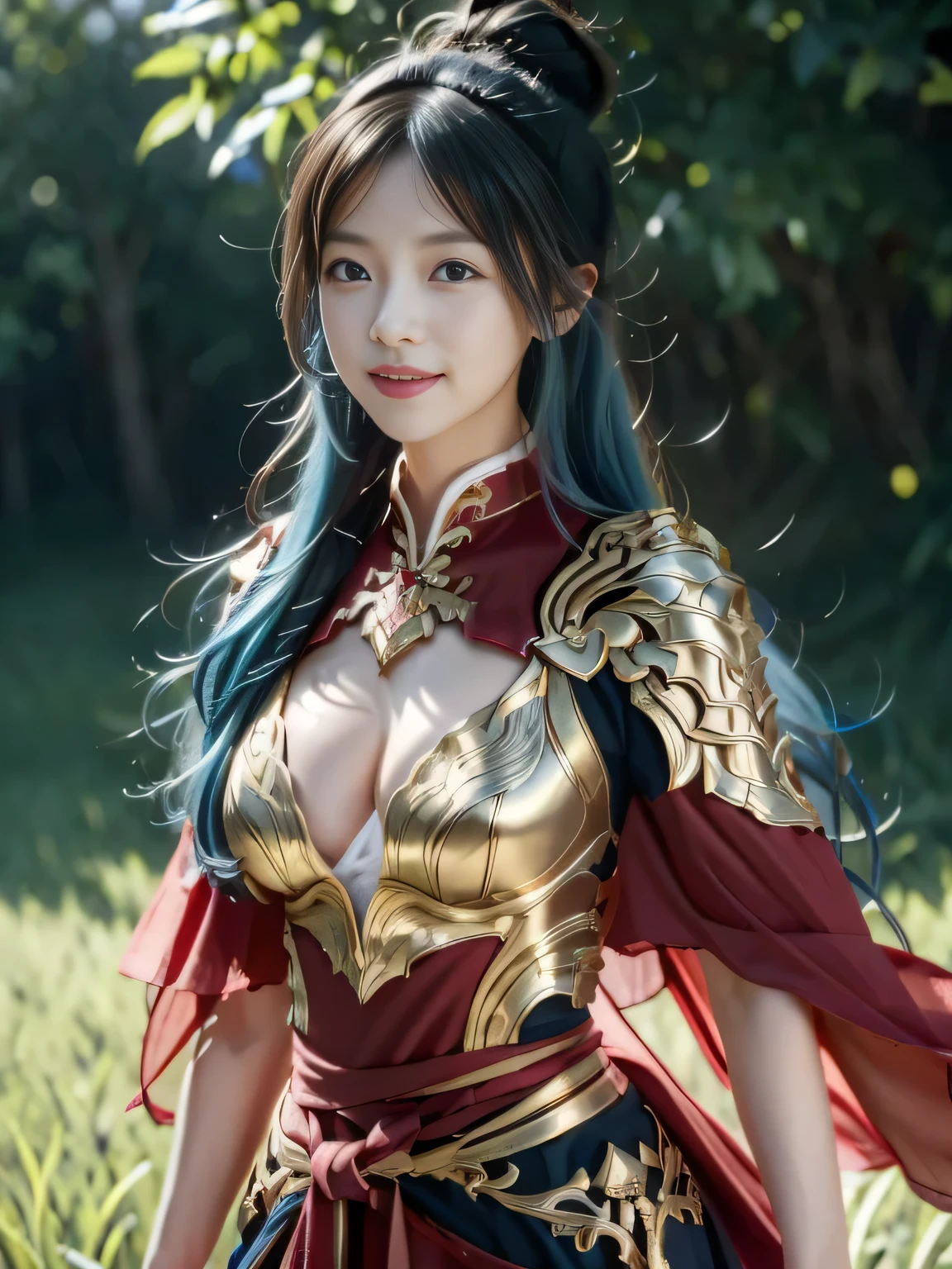 Chinese female general，Saffron Hufu，Detail the eyes，Crimson cape，metal breastplate，Breasts are full and erect，Gold hairband，majestic，Smile（open mouth）（The corners of the mouth are raised），（Metal headbands），blue hair（Hair in a bun：1.5），（Hair bun raised high）。wilderness background（grassland background）