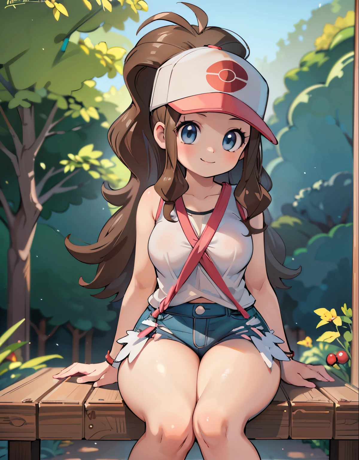 (best quality, highres, masterpiece:1.2), ultra-detailed, realistic:1.37, sketches, hilda pokemon, def1, teenage girl, sitting on her knees, curvy, visible thighs, chubby thighs, thick thighs, thighs in the foreground, body shape, mexican town, curious look, pokeballs, smile, encanto femenino