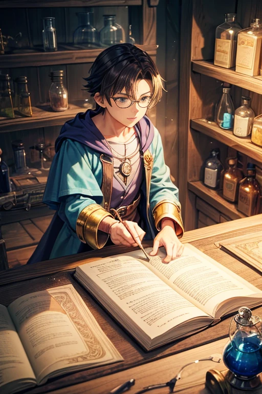 Close-up of a man standing in a room with a table, He's in the alchemist's laboratory, Located in the wizard shop, In the potion counter, alchemist library background, leaflet, Fantasy Alchemist Laboratory, leaflet anime style, screenshot of animation, alchemist girl, She's in the potions workshop, Inside the fantasy potion supplier