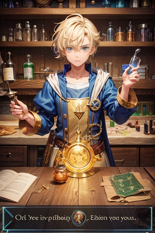 Close-up of a man standing in a room with a table, He's in the alchemist's laboratory, Located in the wizard shop, In the potion counter, alchemist library background, leaflet, Fantasy Alchemist Laboratory, leaflet anime style, screenshot of animation, alchemist girl, She's in the potions workshop, Inside the fantasy potion supplier