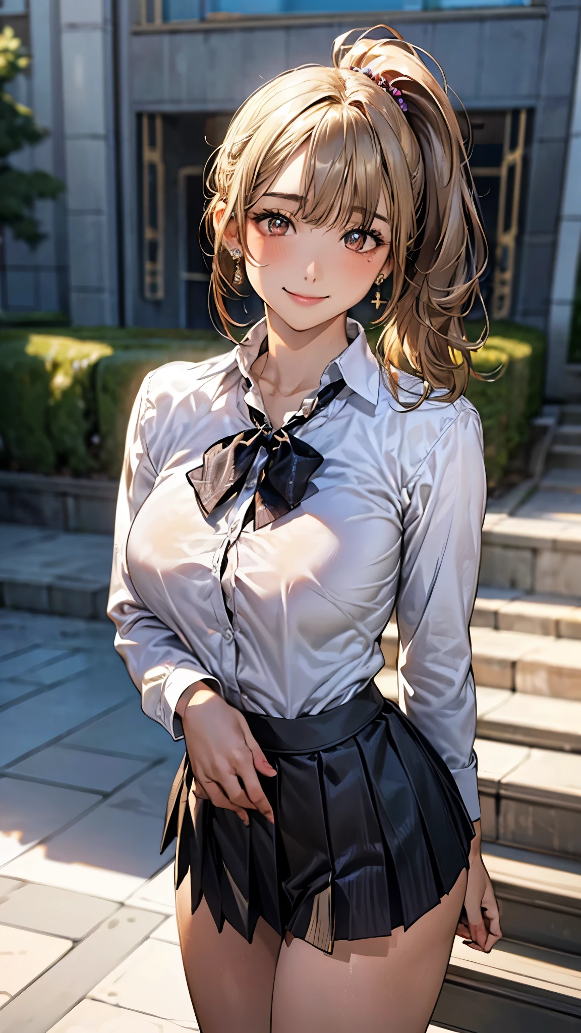 (masterpiece:1.2, top-quality), (realistic, photorealistic:1.4), beautiful illustration, (natural side lighting, movie lighting), 
looking at viewer, cowboy shot, front view, 1 girl, japanese, high school girl, perfect face, cute and symmetrical face, (suntan, tanline), 
(middle hair:1.2, side ponytail:1.2, blond hair), waved hair, blunt bangs, gold eyes, (large breasts:0.6, seductive thighs, big ass), piercings, 
beautiful hair, beautiful face, beautiful detailed eyes, beautiful clavicle, beautiful body, beautiful chest, beautiful thigh, beautiful legs, beautiful fingers, 
((long sleeve white collared shirts, black pleated mini skirt)), 
(beautiful scenery), evening, riverside, walking, (lovely smile, upper eyes), 