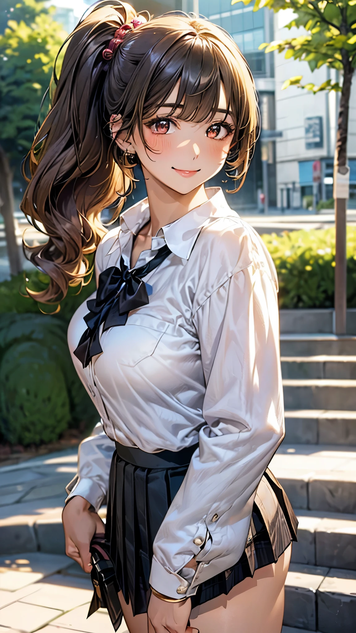 (masterpiece:1.2, top-quality), (realistic, photorealistic:1.4), beautiful illustration, (natural side lighting, movie lighting), 
looking at viewer, cowboy shot, front view, 1 girl, japanese, high school girl, perfect face, cute and symmetrical face, (suntan, tanline), 
(middle hair:1.2, side ponytail:1.2, blond hair), waved hair, blunt bangs, gold eyes, (large breasts:0.6, seductive thighs, big ass), piercings, 
beautiful hair, beautiful face, beautiful detailed eyes, beautiful clavicle, beautiful body, beautiful chest, beautiful thigh, beautiful legs, beautiful fingers, 
((long sleeve white collared shirts, black pleated mini skirt)), 
(beautiful scenery), evening, riverside, walking, (lovely smile, upper eyes), 