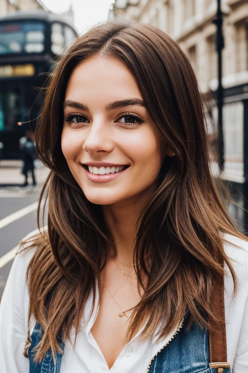 A perfect beautiful woman with brown hair; white skin, messy hair, in London, smiling slightly,