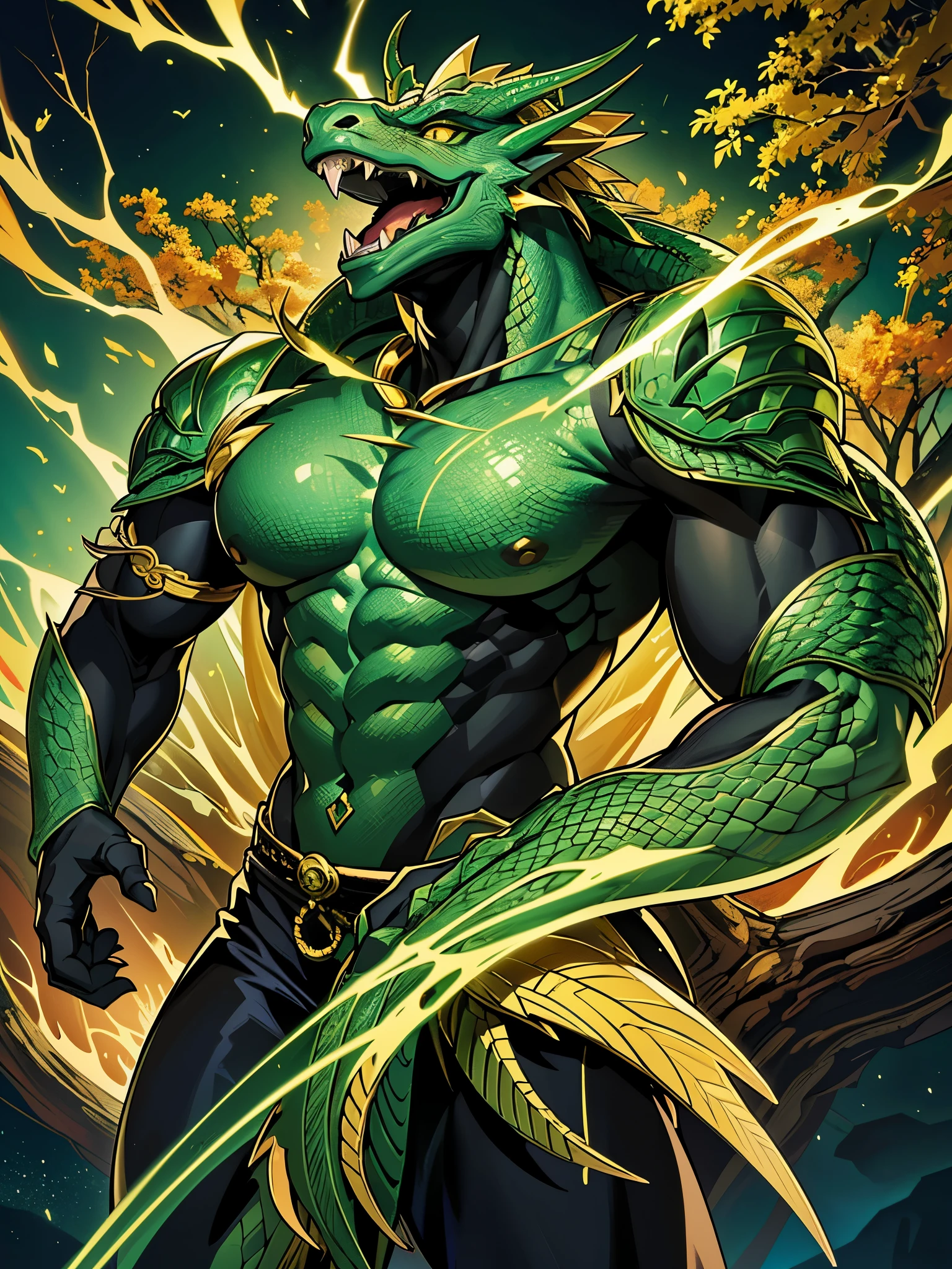 Muscular body (The ancient Green Japanese Dragon head high detailed mythical Dragon+Japanese mythology+full of life Black Pant), Ultra-realistic 3D rendering, (masterpiece+ the best quality+high-detail), best visual effects, perfect shot, Get eye-catching movie posters! Clear focus, Depth of field, Gold skin, Golden claws, Golden scales, Tree Gun CSGO