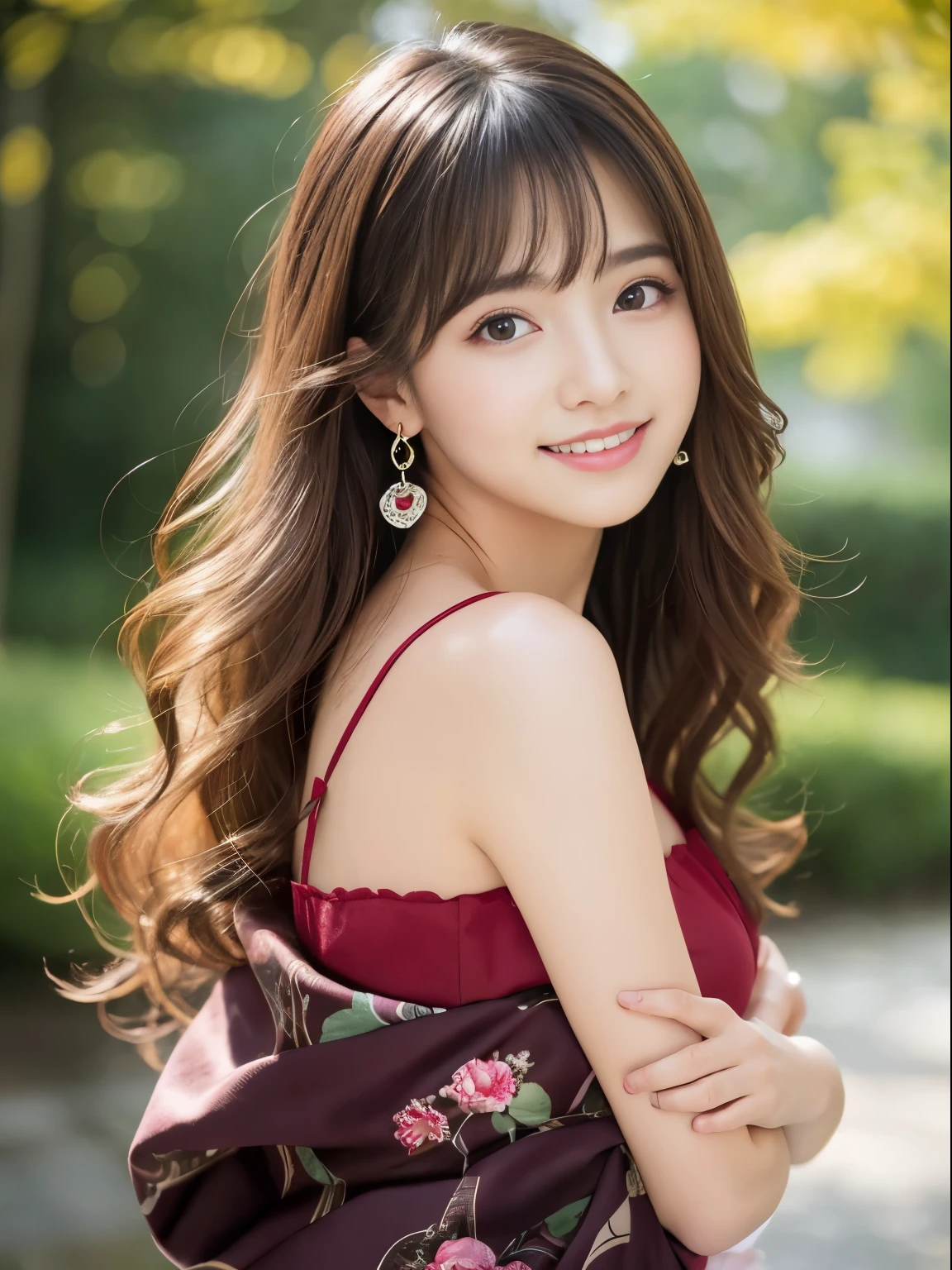 best quality,Super high resolution,RAW photography,1 girl,loose perm hair、dark brown hair、Japanese、loose perm hair、smile、professional photos、Japanese humane adjustment and same skin quality from head to toe、blur the background、I draw it faithfully to the anatomy.、very detailed and beautiful、Super high quality、Hair swaying and sexy、Highly detailed beautiful girl、shoulder-length hair、earrings、Valentine、heart、costume