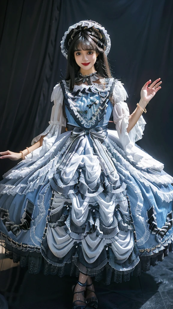 best quality, masterpiece, photorealistic, 1girl, solo, full body, balck hair, straight hair, blunt bangs, looking at viewer, smile, lo dress, layered dress, wrist cuffs, frills, detached sleeves, bow, necklace, jewelry, thighhighs, high heels, simple background,