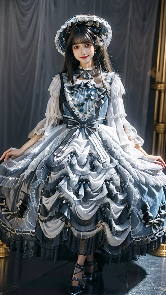 best quality, masterpiece, photorealistic, 1girl, solo, full body, balck hair, straight hair, blunt bangs, looking at viewer, smile, lo dress, layered dress, wrist cuffs, frills, detached sleeves, bow, necklace, jewelry, thighhighs, high heels, simple background, 
