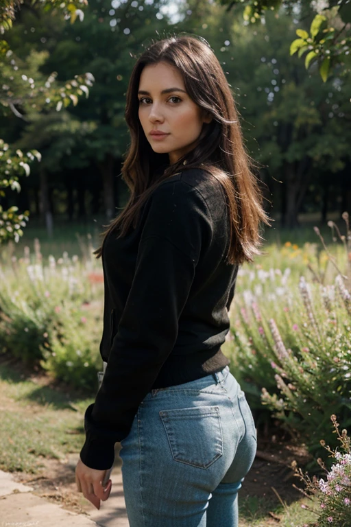 conocer mujeres elena, An attractive 35 year old Russian woman in photorealistic style., una mujer rubia con el pelo largo con pantalones de cuero negro y una chaqueta de cuero negro en un campo de flores de primavera al atardecer