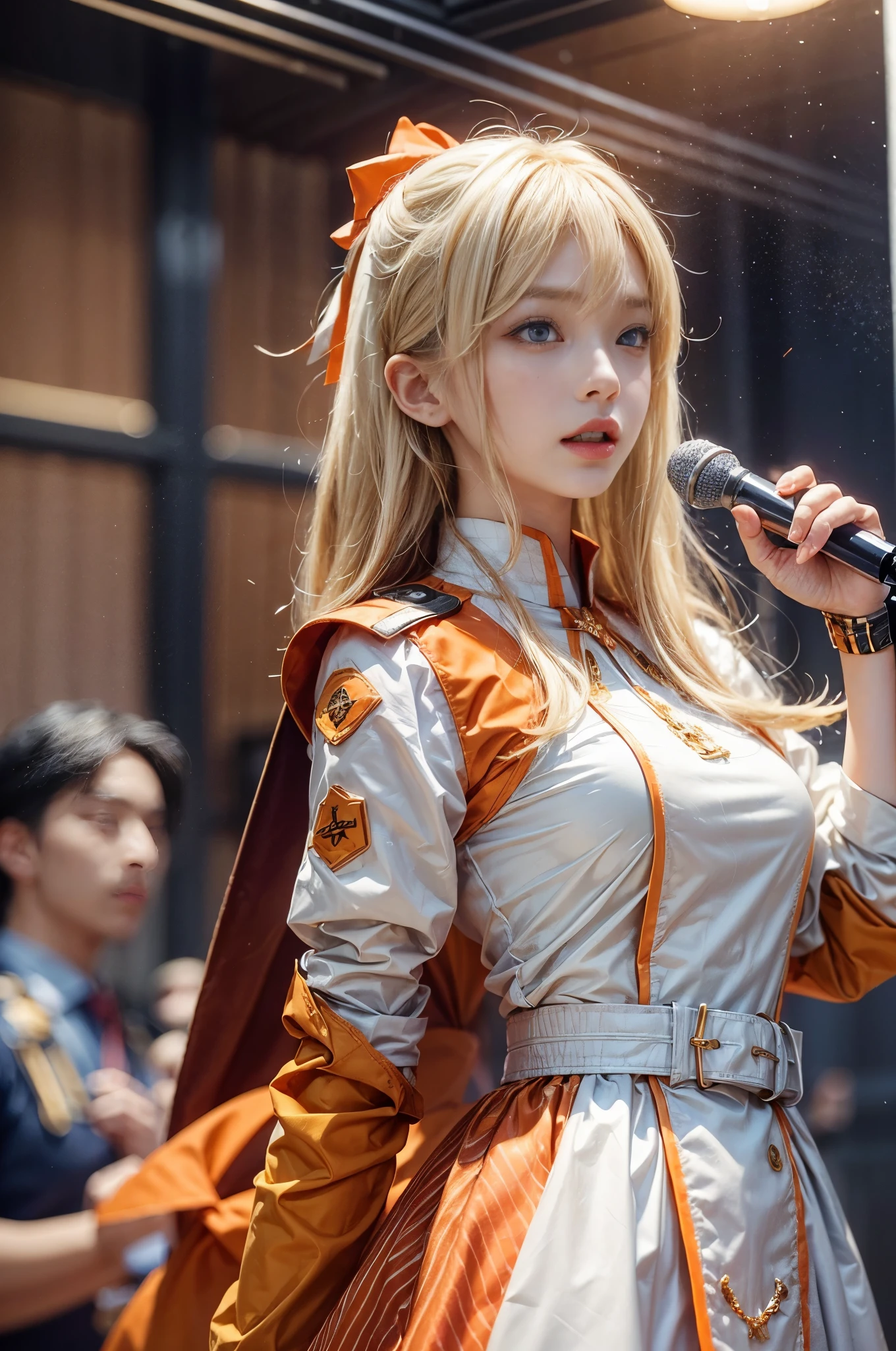 (front focus、perfect ???????:1.5)、(Super detailed、16K quality、real skin: 1.6)、High resolution、超superior質な肌、hyper realist、Photoreal.cinematic lighting、highly detailed face、1 beautiful thai girl、 （A 19-year-old girl who is half Thai and half Japanese.、smile:1.3）（blonde そして gold hair color、big slit eyes、eye shadow、eyeliner、blue eyes:1.5）blonde、（Gradient color with bright hair tips:1.2）long flashy gal makeup、（unbalanced chest、big :1.4）sunburn、eyeliner、red lips. break
(orange and white military uniform style idol stage costume:1.3),
Color Theme:(The main colors of the costume are orange and white:1.5),
superior: (orange and white military uniform:1.5),medal,epaulet,
skirt: (プリーツskirtはオレンジを基調としています:1.2),Balances ease of movement and style.,
accessories: (Add a ribbon:1.3),gloves and decorative belts,
shoes: (orange and white boots),BREAK（Live at a glittering live house）（Guitar vocals:1.5）（Sing with a stand microphone🎤:1.3）（excited audience、腕をsuperiorげて喜ぶ観客達:1.6）