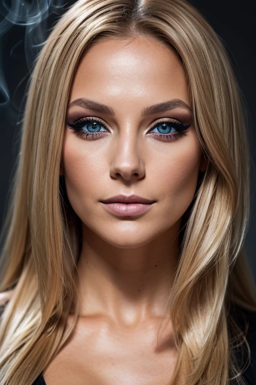 perfect digital Foto, Beautiful woman, 28 Jahre alt, blond, ((braune Augen)), ((Smokey-Eye-Make-up)), slight smile, Blick in die Kamera, Nikon D850, ISO 200, Foto,