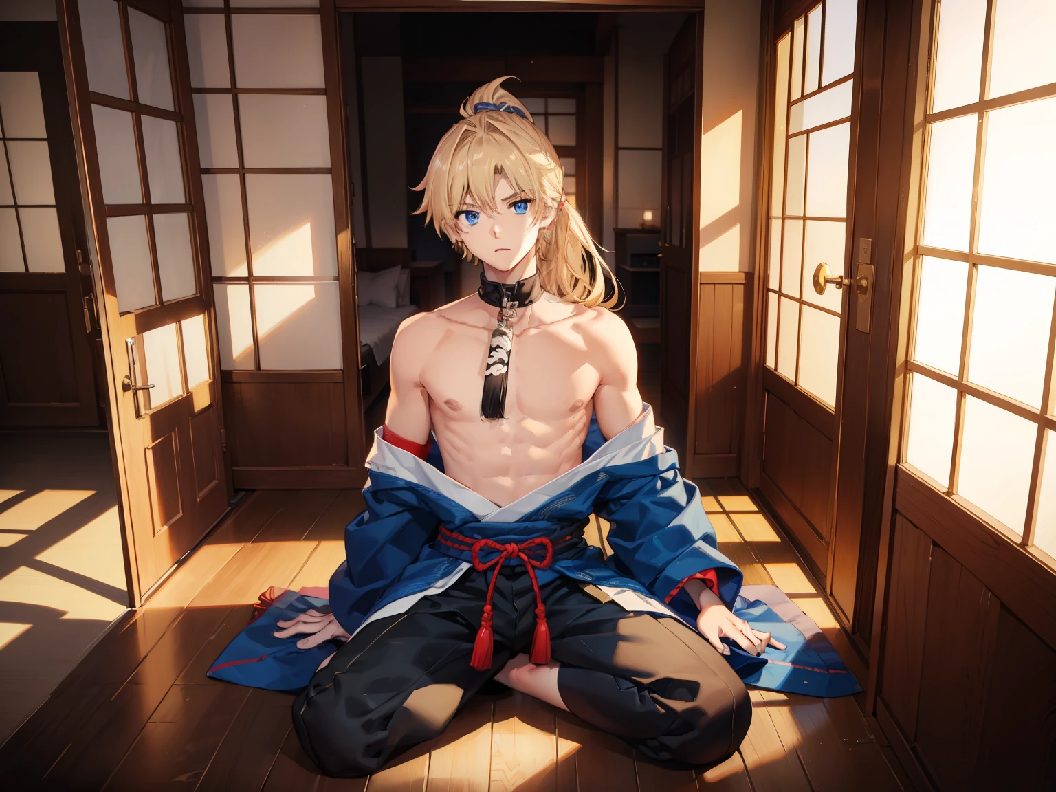 1boy，Masculinity，blond hair，ponytail，blue eyes，no bra，A Japanese-style room，sitting，late at night，alone