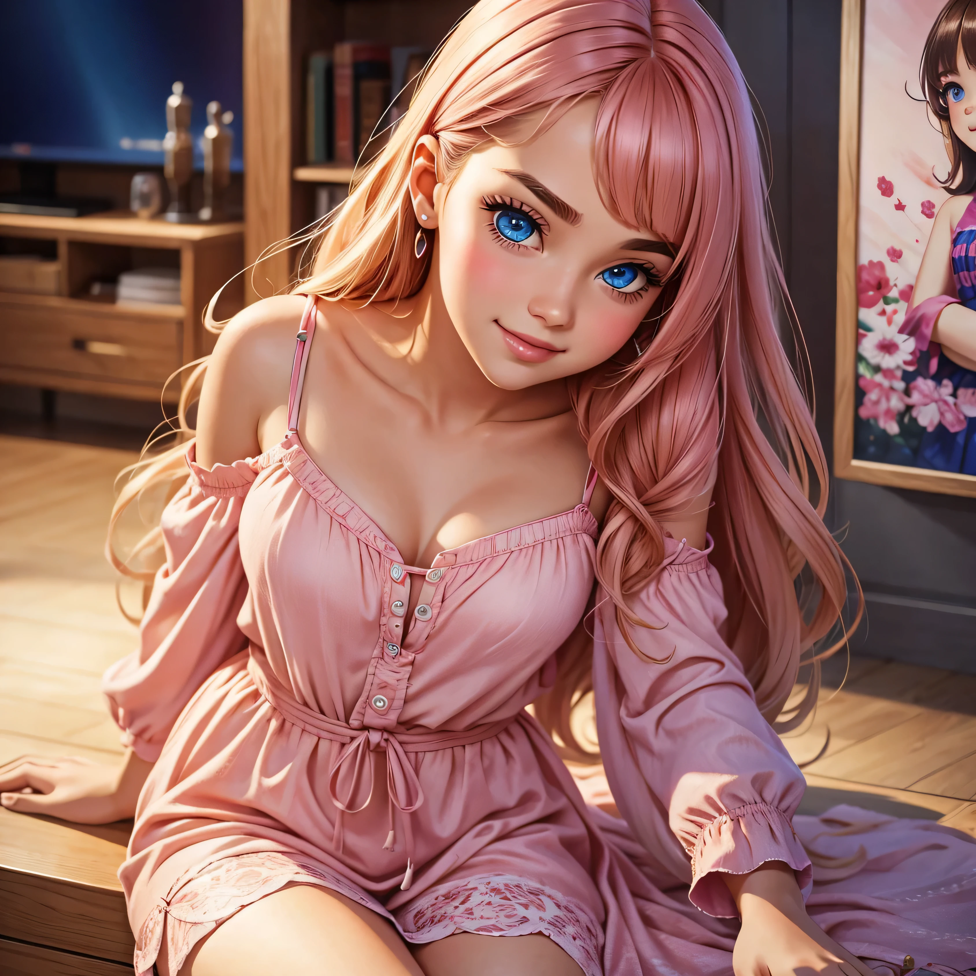 In this captivating, posed illustration, a beautifully crafted, realistic Barbie-style age girl graces the scene with her very cute and charming demeanor. Her well-groomed face radiates an irresistible beauty, adorned with a stunning smile that reveals her perfect anatomy and beautiful blue eyes, which sparkle with life. The bangs delicately framing her eyebrows add to her allure, while her blush lingers softly on her cheeks, creating an inviting and playful aura. Her slender frame boasts a narrow waist, accentuated by her pink clothes, adding to the fashionable and pop aesthetic of the image. The attention to detail is