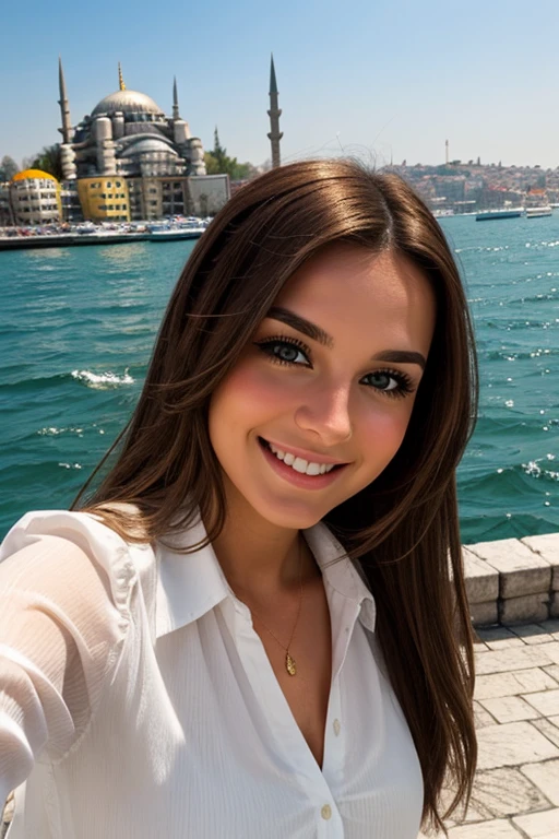 She is a perfectly beautiful woman with brown hair; her white skin, her hair shines perfectly, she is in Istanbul, she smiles slightly,