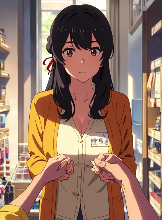 shinkai makoto, kimi no na wa., 1girl, bangs, black hair, brown eyes, twisted half up, red ribbon, long hair, long sleeve light yellow cardigan, open shirt, yellow shirt, cleavage, breast, medium breast, Orange shirt, name tag written "LUMINE Miyamizu", looking at the viewer, indoors, jewelry products, jewelry shop, jewelry saleswoman, indoors, mall, masterpiece, perfect anatomy, cowboyshot, POV (POV boy's hands holding girl's hands POV)