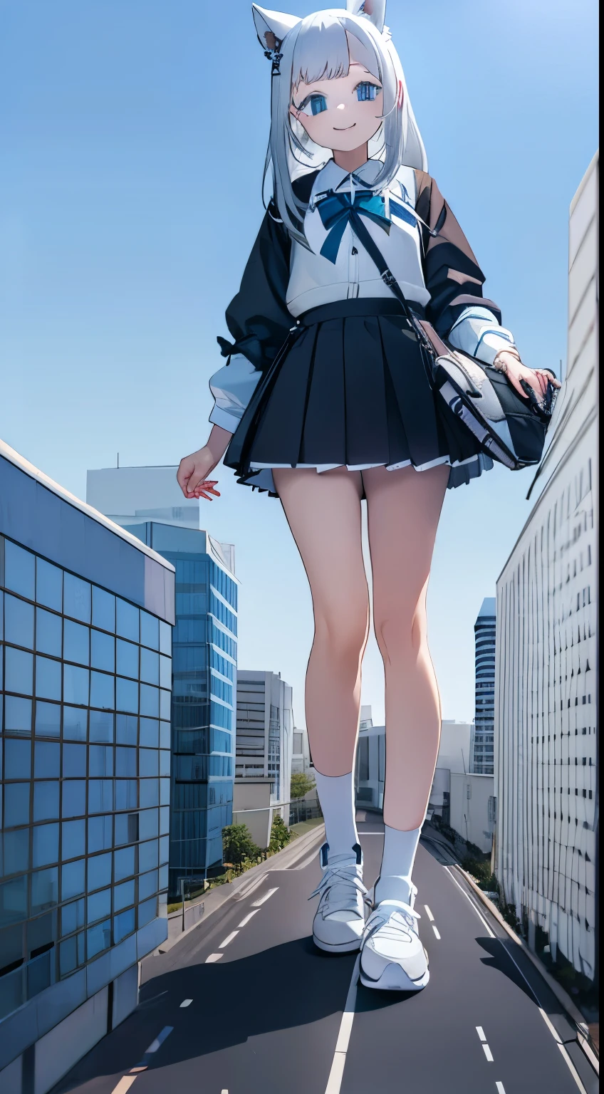 Girl with white hair and wolf ears in sneakers、Taller than building、School Uniform、a miniskirt、Black socks、a smile