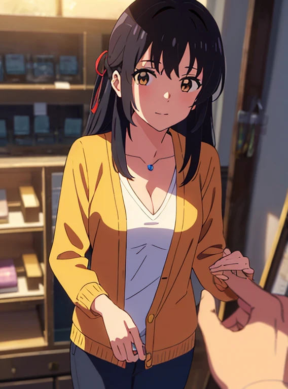 shinkai makoto, kimi no na wa., 1girl, bangs, black hair, brown eyes, twisted half up, red ribbon, long hair, long sleeve light yellow cardigan, open shirt, yellow shirt, cleavage, breast, medium breast, Orange shirt, name tag written "LUMINE Miyamizu", looking at the viewer, indoors, jewelry products, jewelry shop, jewelry saleswoman, indoors, mallmasterpiece, perfect anatomy, cowboyshot, 1boy POV viewer, holding girl's hand