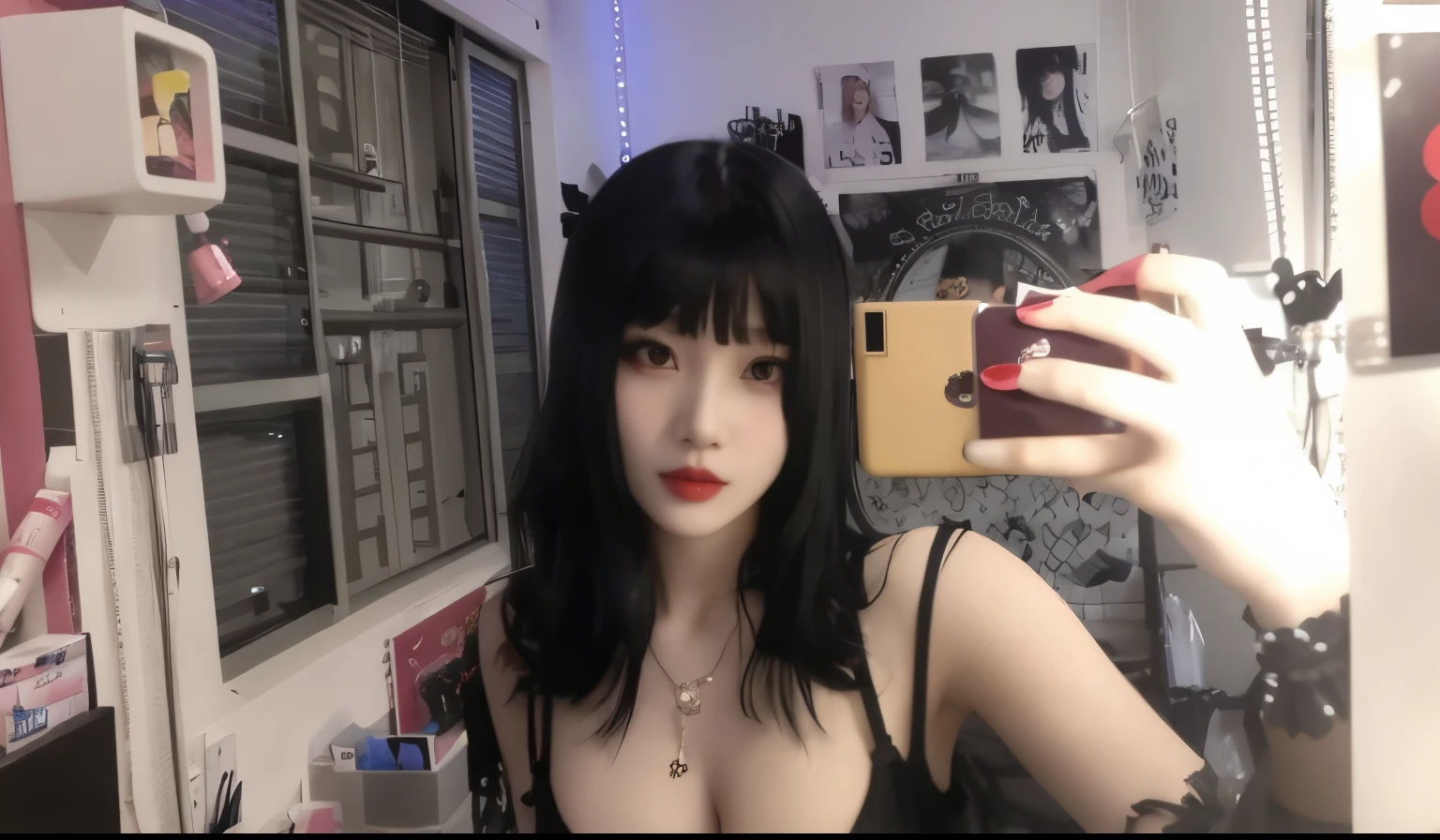 woman taking a selfie with her cell phone in a mirror, she has black hair with bangs, 1 7 - year - old goth girl, 1 7 - year - old anime goth girl, goth girl aesthetic, hair blackbangs hair, black hair and white bangs, black bangs, she has black hair, anime girl in real life, pale goth beauty, cruel korean goth girl, joy red velvet