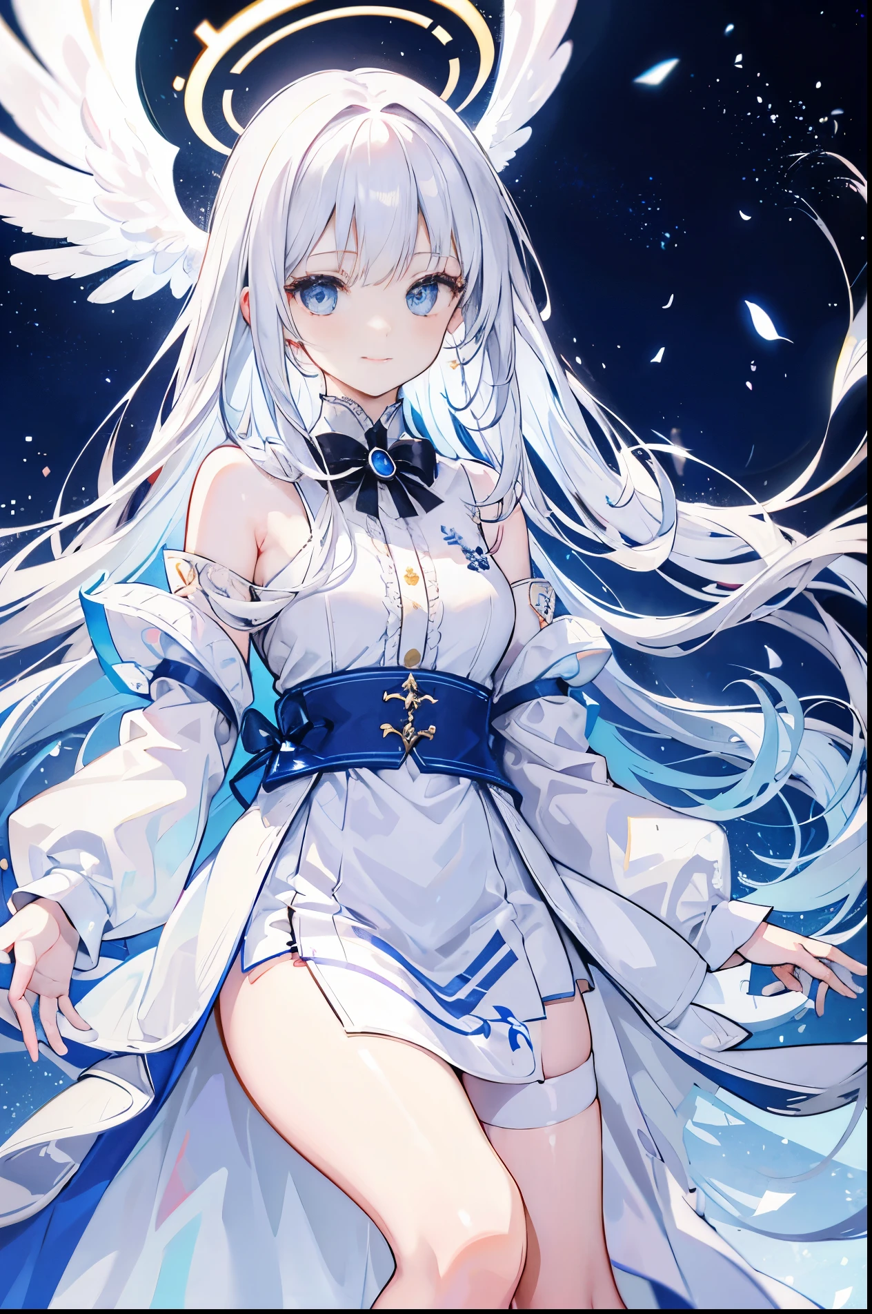 Beautiful white hair girl,angelic,Wearing a plain white dress,There is a halo above the head,French braid,long white hair,Standing in the golden wonderland,There is only one wing behind him,with smile,high and high