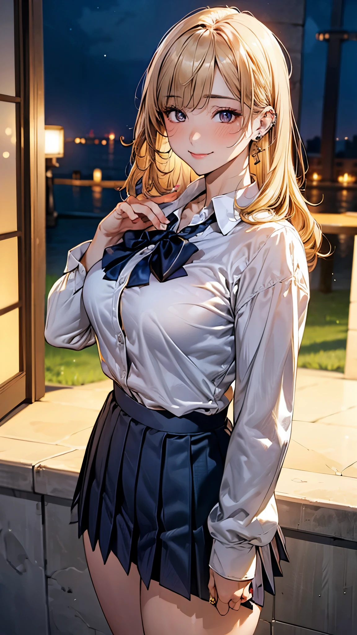 (masterpiece:1.2, top-quality), (realistic, photorealistic:1.4), beautiful illustration, (natural side lighting, movie lighting),
looking at viewer, cowboy shot, front view, 1 girl, japanese, high school girl, perfect face, cute and symmetrical face, (suntan, tanline),
(middle hair:1.2, wavy hair:1.2, blond hair), blunt bangs, gold eyes, (large breasts:0.6, seductive thighs, big ass), piercings,
beautiful hair, beautiful face, beautiful detailed eyes, beautiful clavicle, beautiful body, beautiful chest, beautiful thigh, beautiful legs, beautiful fingers,
((long sleeve white collared shirts, navy pleated mini skirt)),
(beautiful scenery), evening, riverside, walking, (lovely smile, upper eyes),