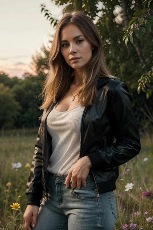 conocer mujeres elena, An attractive 35 year old Russian woman in photorealistic style., una mujer rubia con el pelo largo de pechos grandes ycon pantalones de cuero negro y una chaqueta de cuero negro en un campo de flores de primavera al atardecer