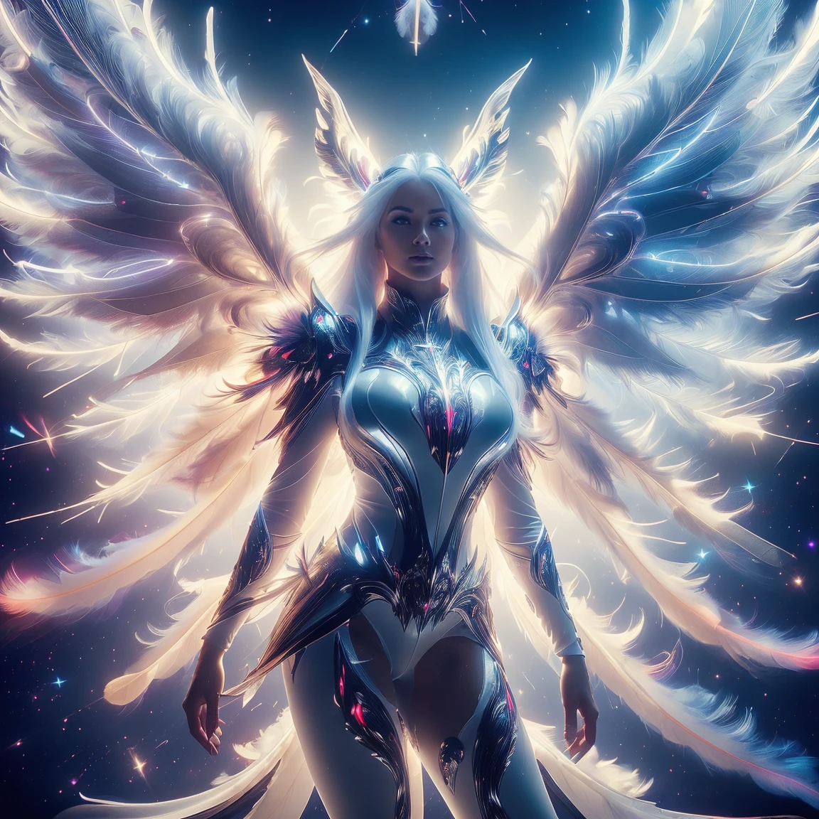 ((top-quality)), masterpiece , (Photorealsitic:1.4), Bright light, ((neon details)), (((cosmic))), (8K)
(((full body portrait))), (((long sexy lady))),
1 Girl, as a mystical Valkyrie
White tech sexy suit, (((pantyhose))),
beautiful shining real face,
(((long white hair))), floating windy hair,
(((empty hands))), ((cross hands position))
fur-lined cape,
(((big black wings with feather))),